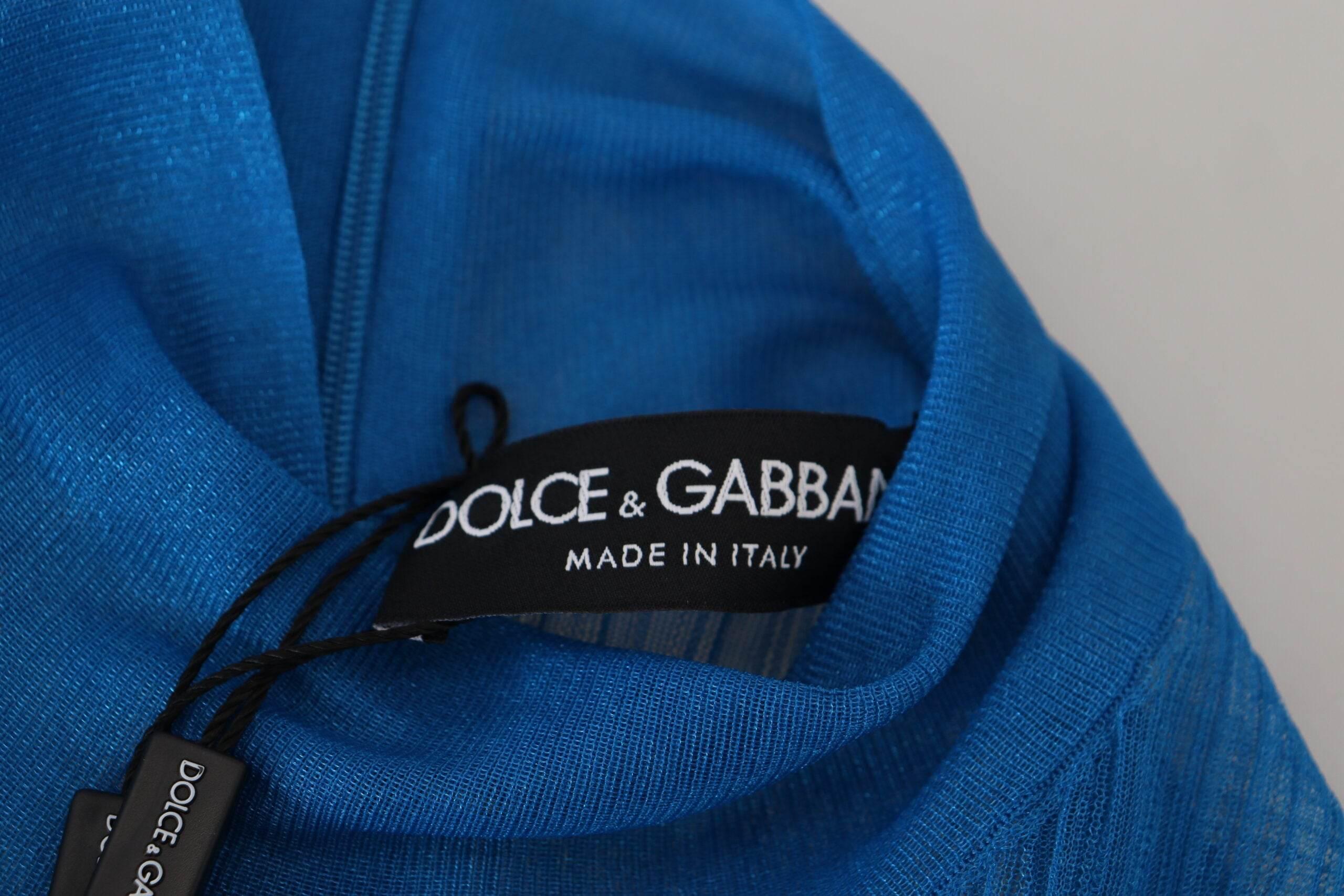 Dolce & Gabbana Blue Mesh Turtleneck Long Sleeve Blouse Top - Hilstor