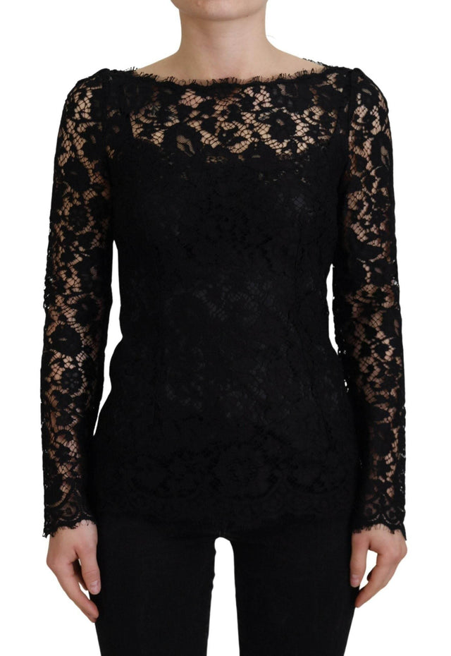 Dolce & Gabbana Black Cotton Lace Trim Long Sleeves Top - Hilstor