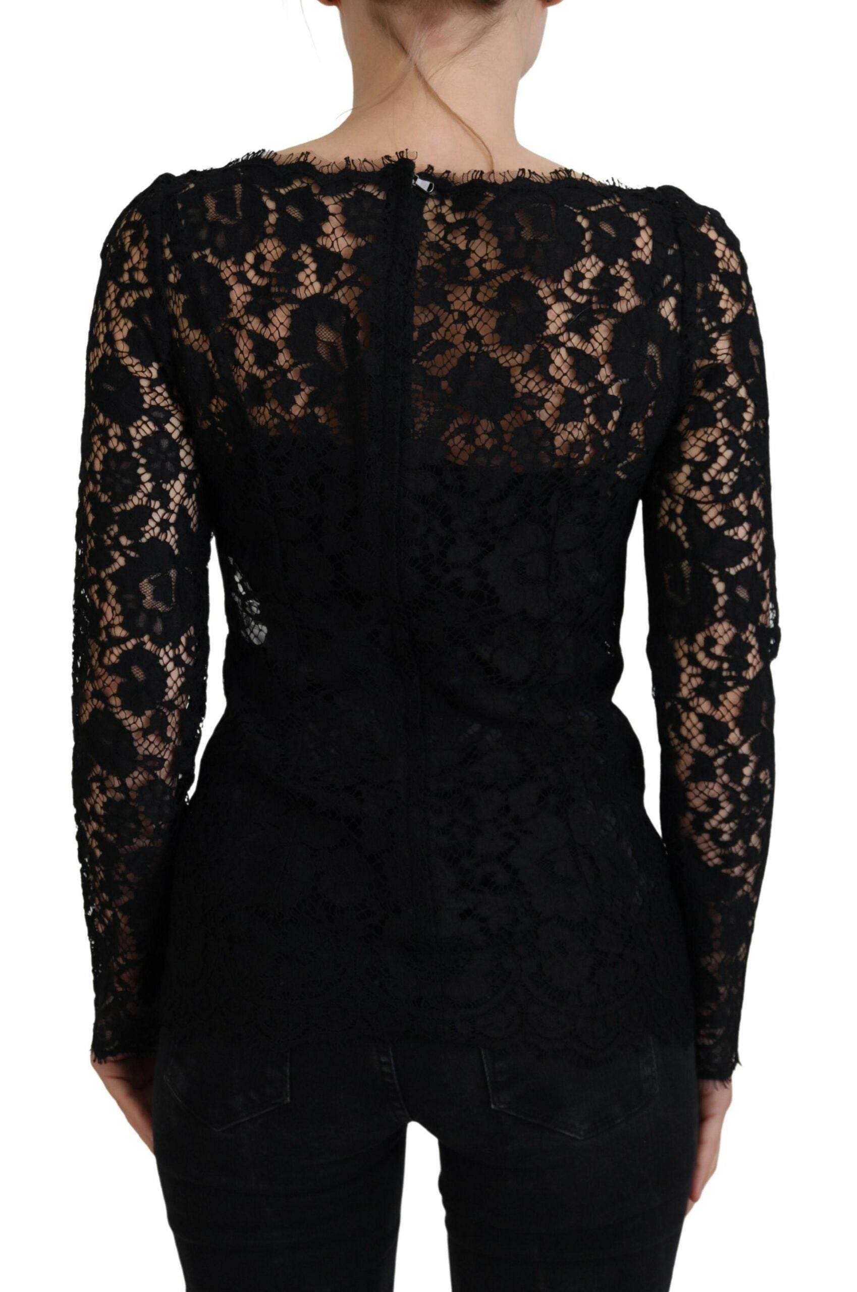 Dolce & Gabbana Black Cotton Lace Trim Long Sleeves Top - Hilstor