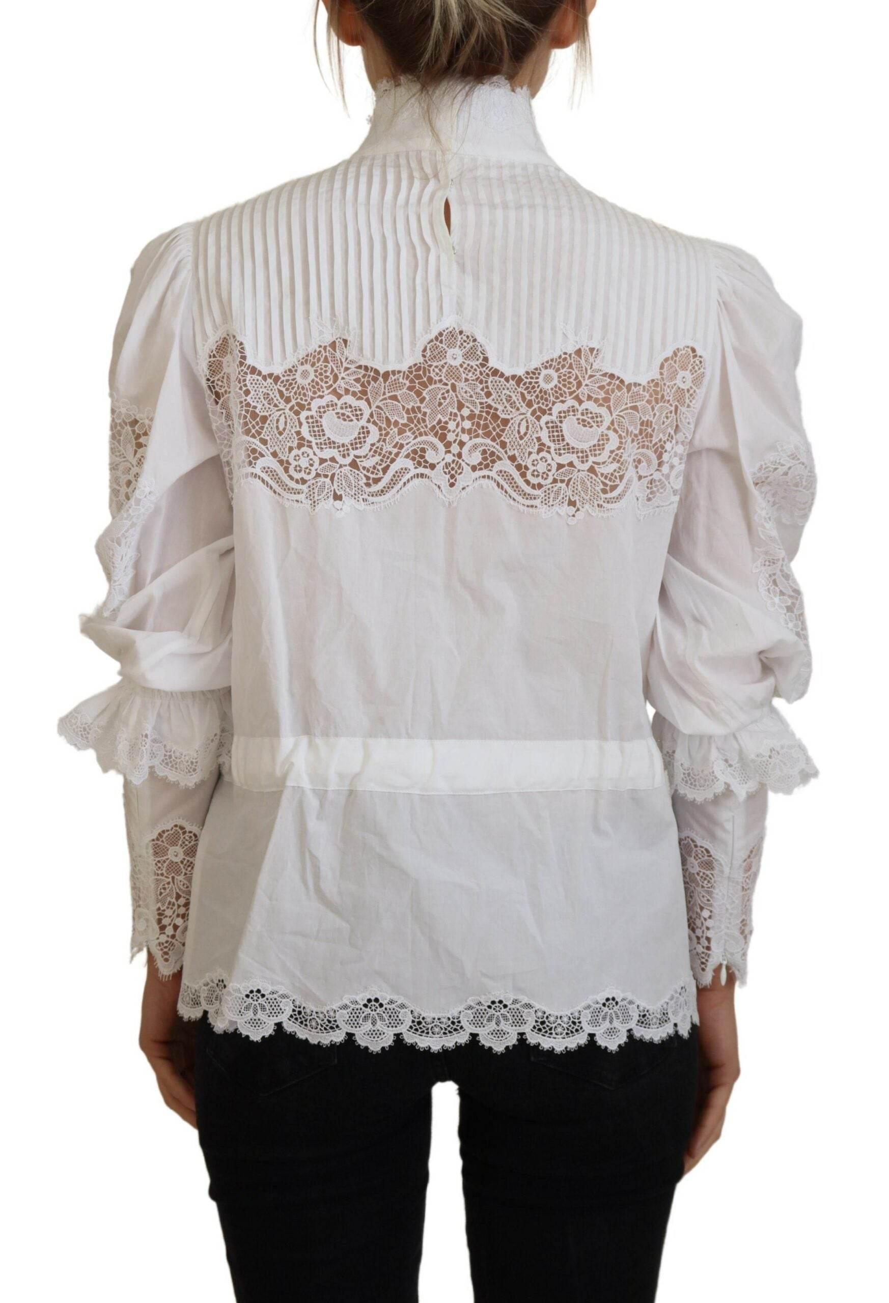 Dolce & Gabbana Elegant White Lace Trim Cotton Blouse - Hilstor