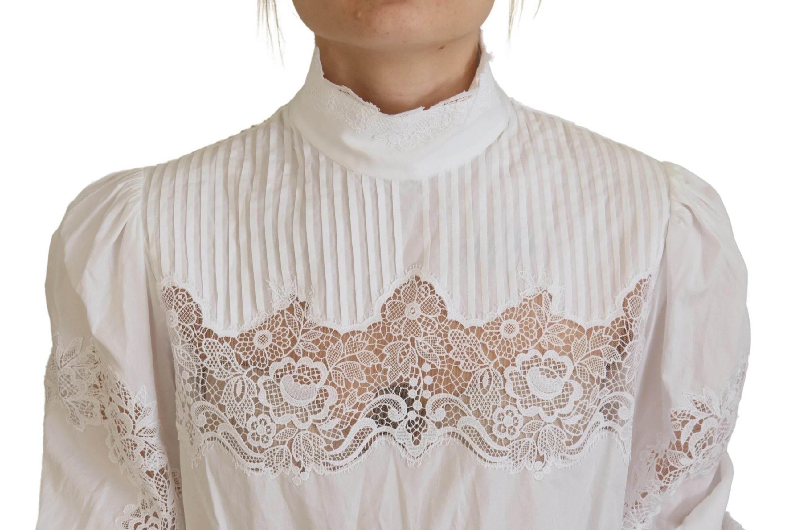 Dolce & Gabbana Elegant White Lace Trim Cotton Blouse - Hilstor