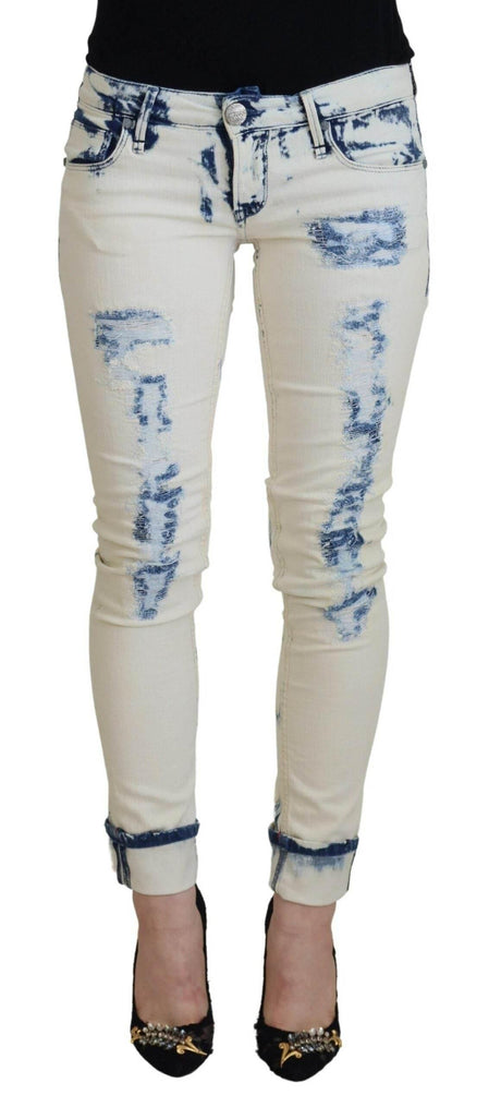 Acht White Blue Cotton Skinny Women Tattered Denim Jeans - Hilstor
