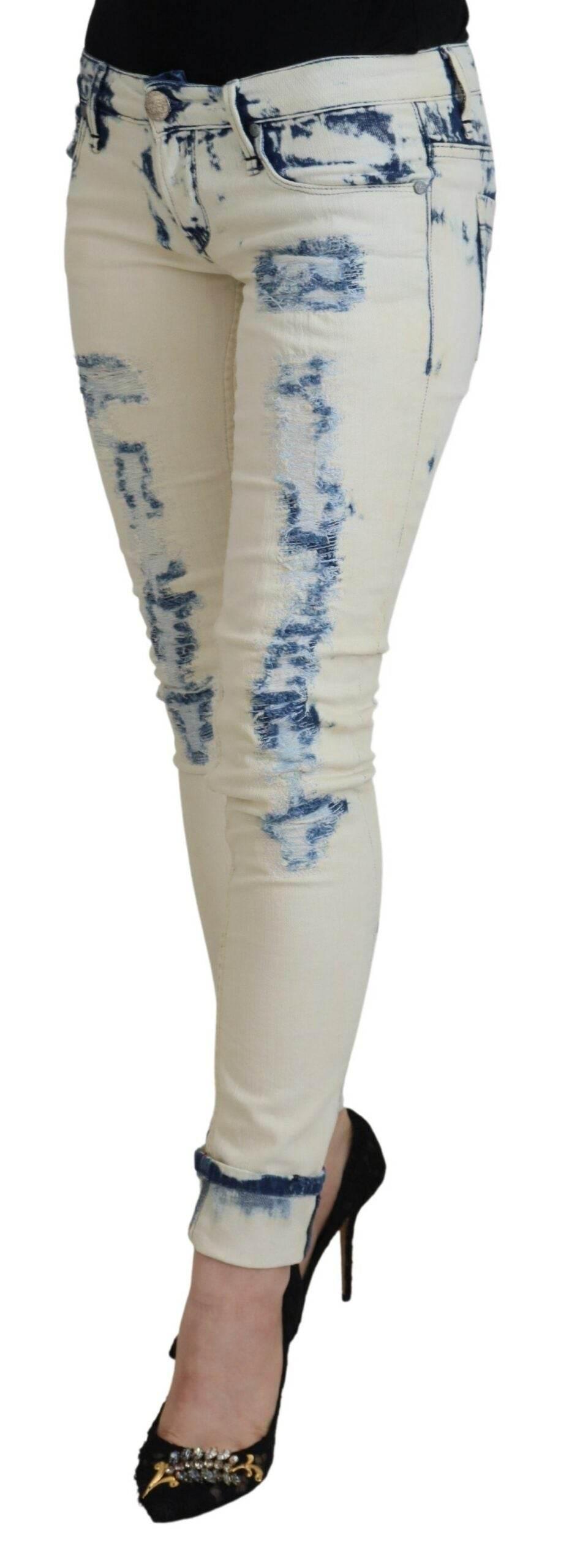 Acht White Blue Cotton Skinny Women Tattered Denim Jeans - Hilstor