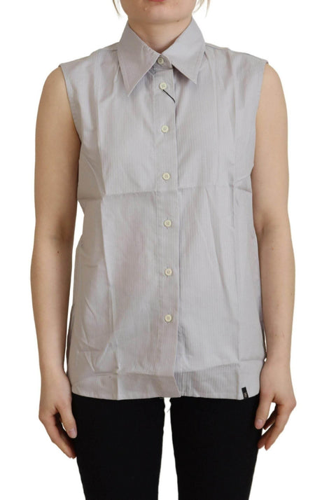 Ferre Light Gray Stripes Cotton Sleeveless Collared Top - Hilstor