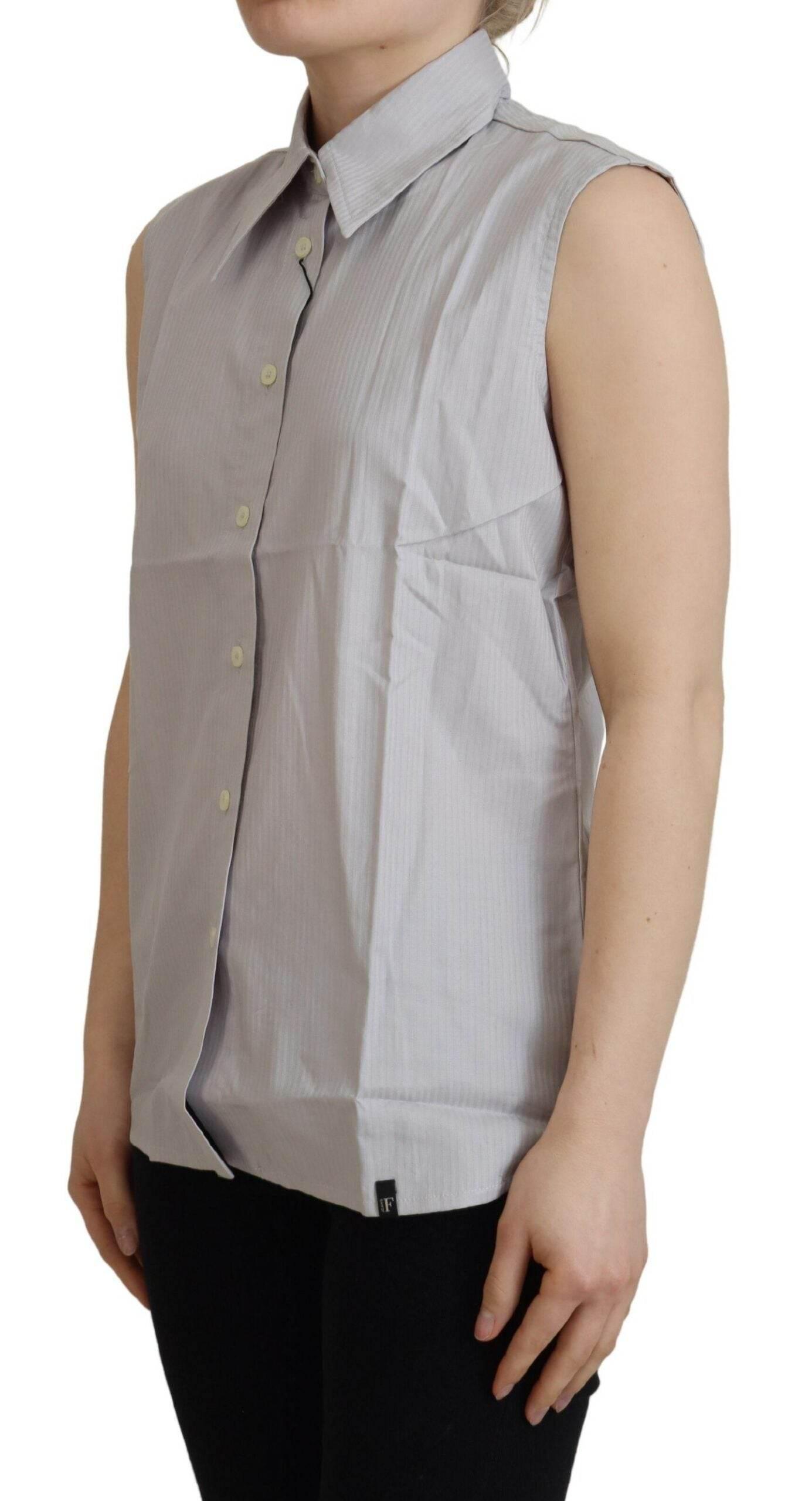 Ferre Light Gray Stripes Cotton Sleeveless Collared Top - Hilstor
