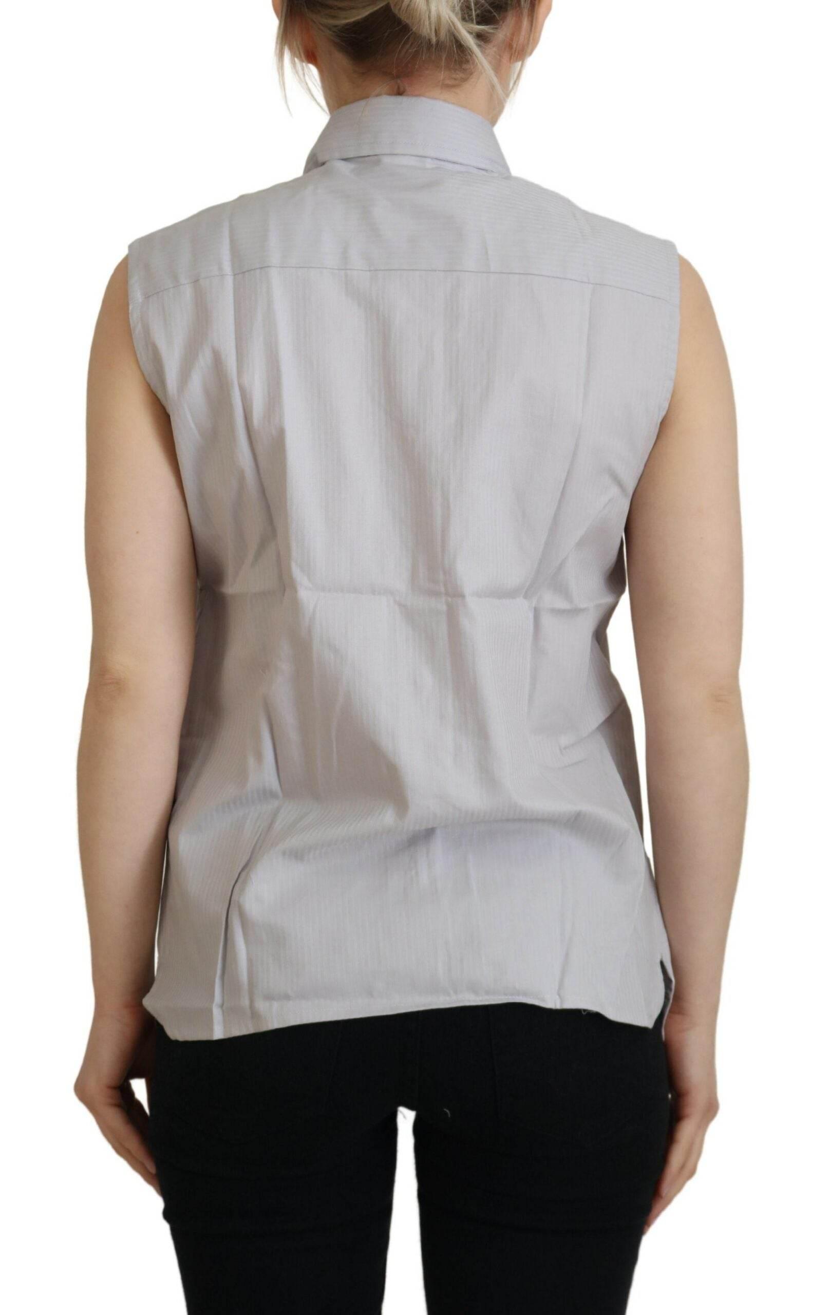 Ferre Light Gray Stripes Cotton Sleeveless Collared Top - Hilstor