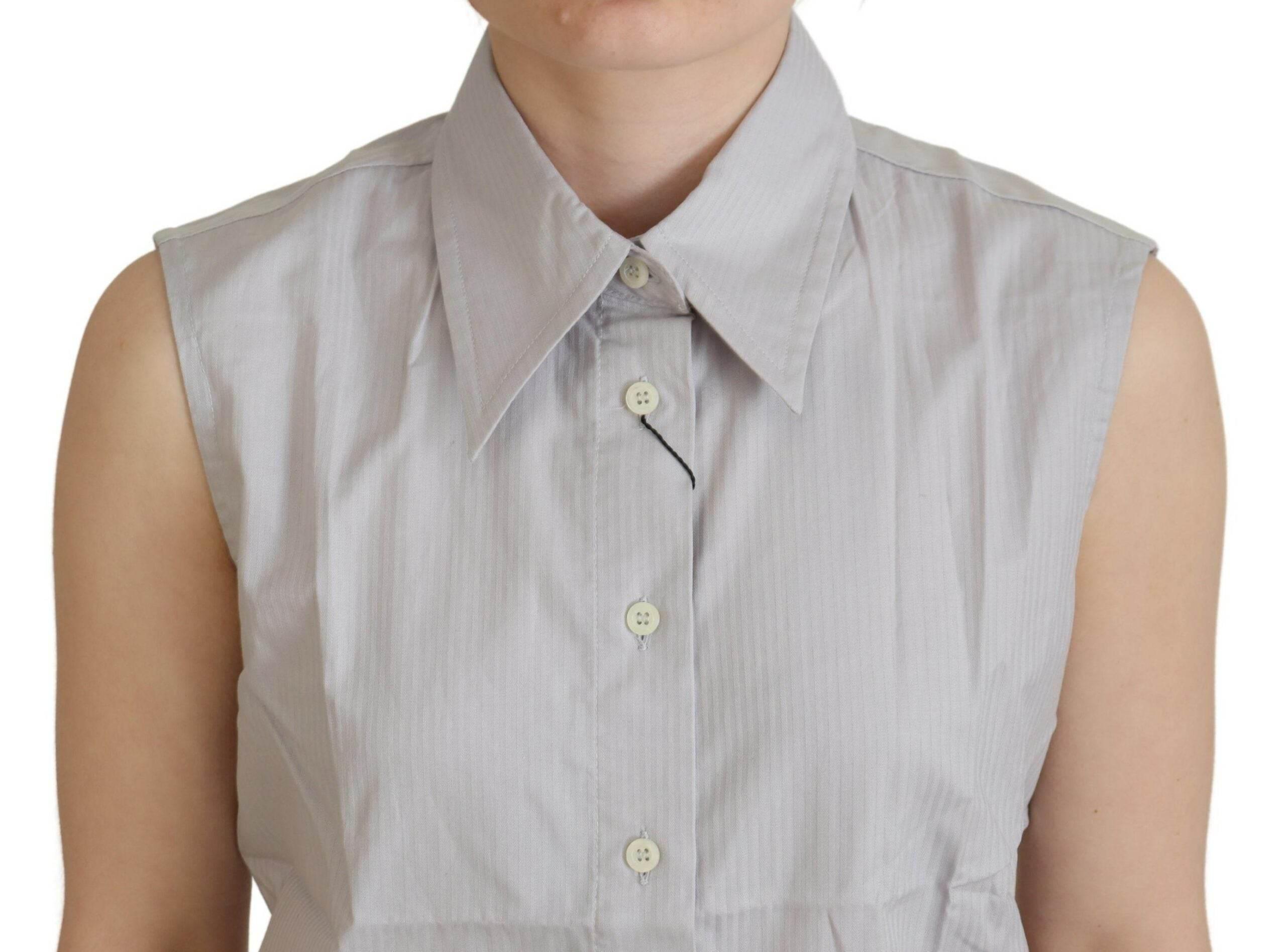 Ferre Light Gray Stripes Cotton Sleeveless Collared Top - Hilstor