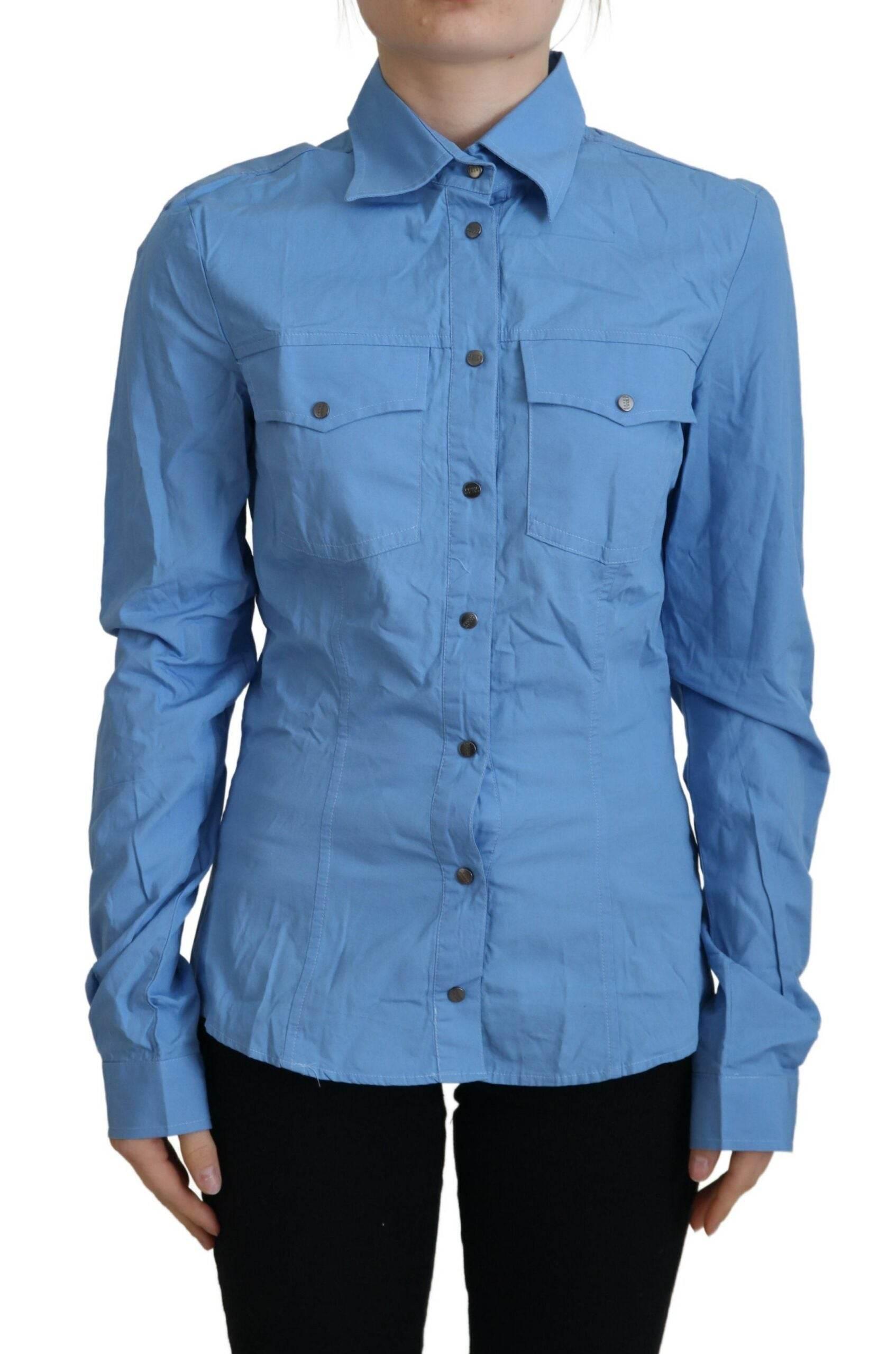 Ferre Blue Cotton Long Sleeves Collared Button Down Top - Hilstor