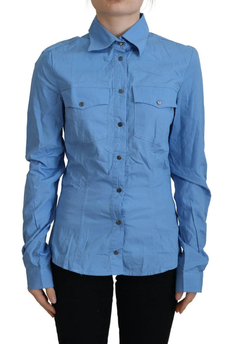 Ferre Blue Cotton Long Sleeves Collared Button Down Top - Hilstor