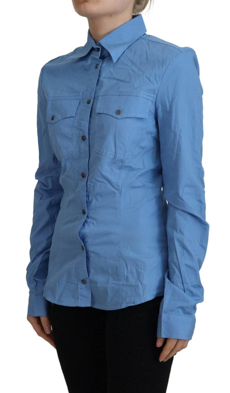 Ferre Blue Cotton Long Sleeves Collared Button Down Top - Hilstor