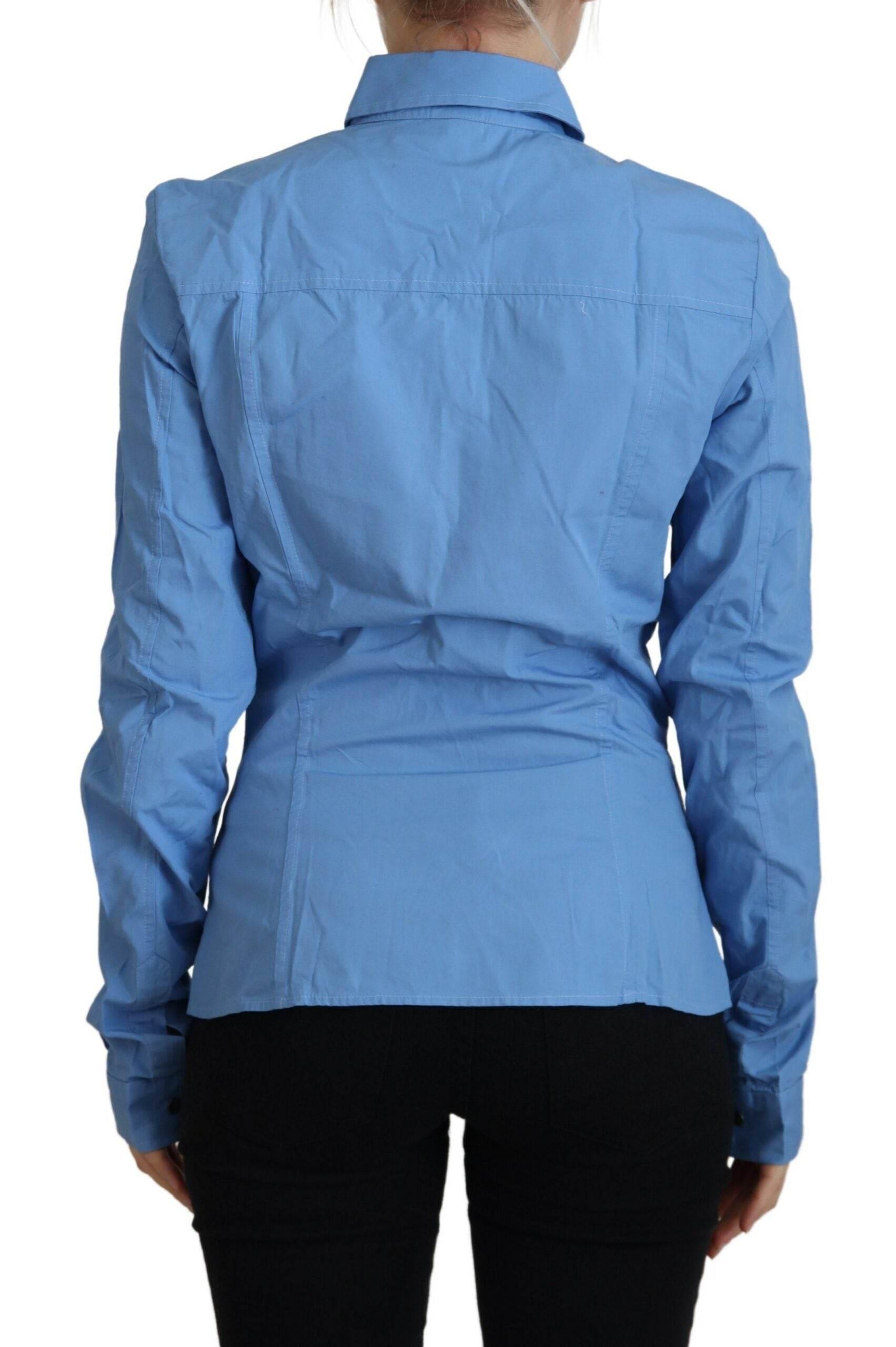 Ferre Blue Cotton Long Sleeves Collared Button Down Top - Hilstor