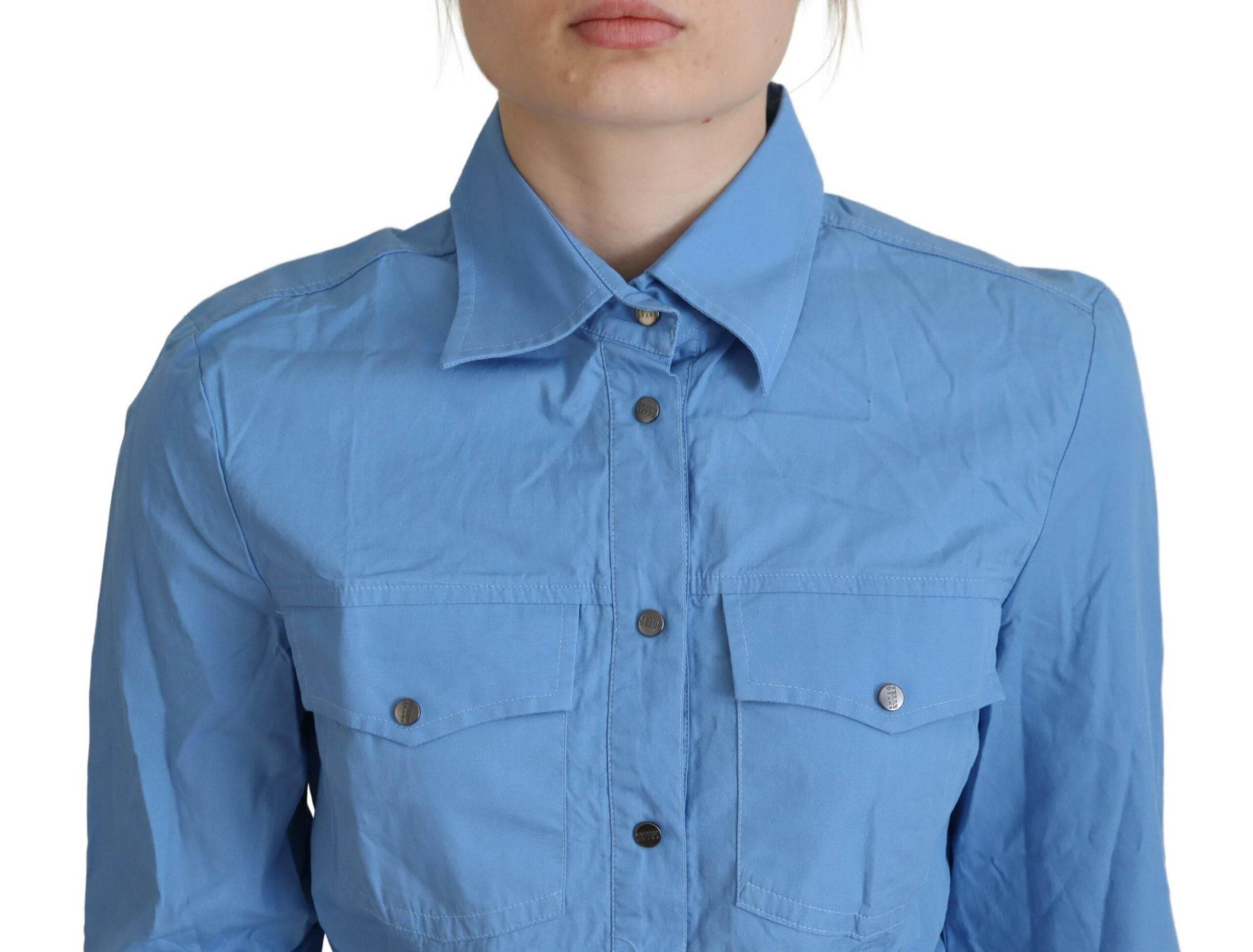 Ferre Blue Cotton Long Sleeves Collared Button Down Top - Hilstor