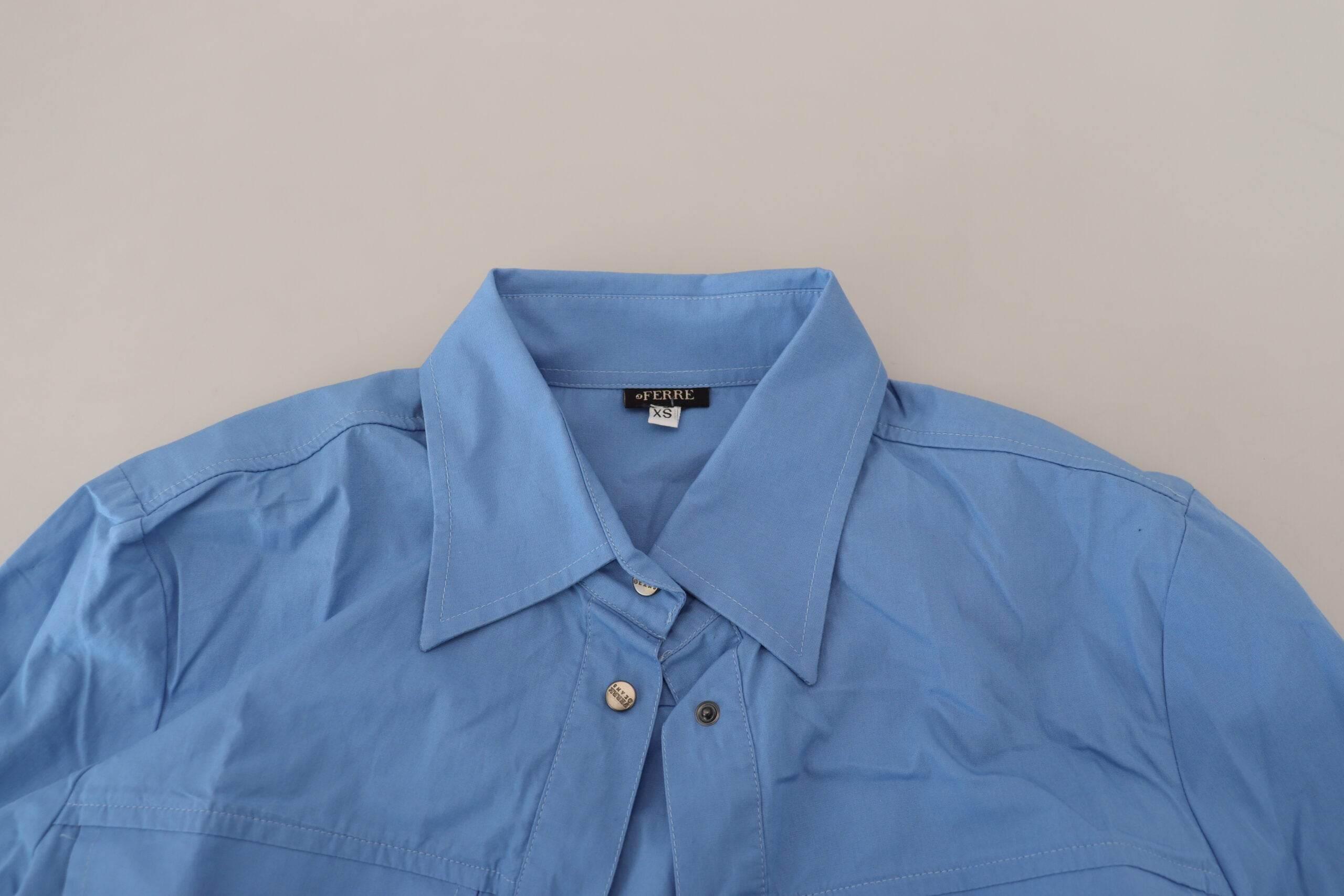 Ferre Blue Cotton Long Sleeves Collared Button Down Top - Hilstor