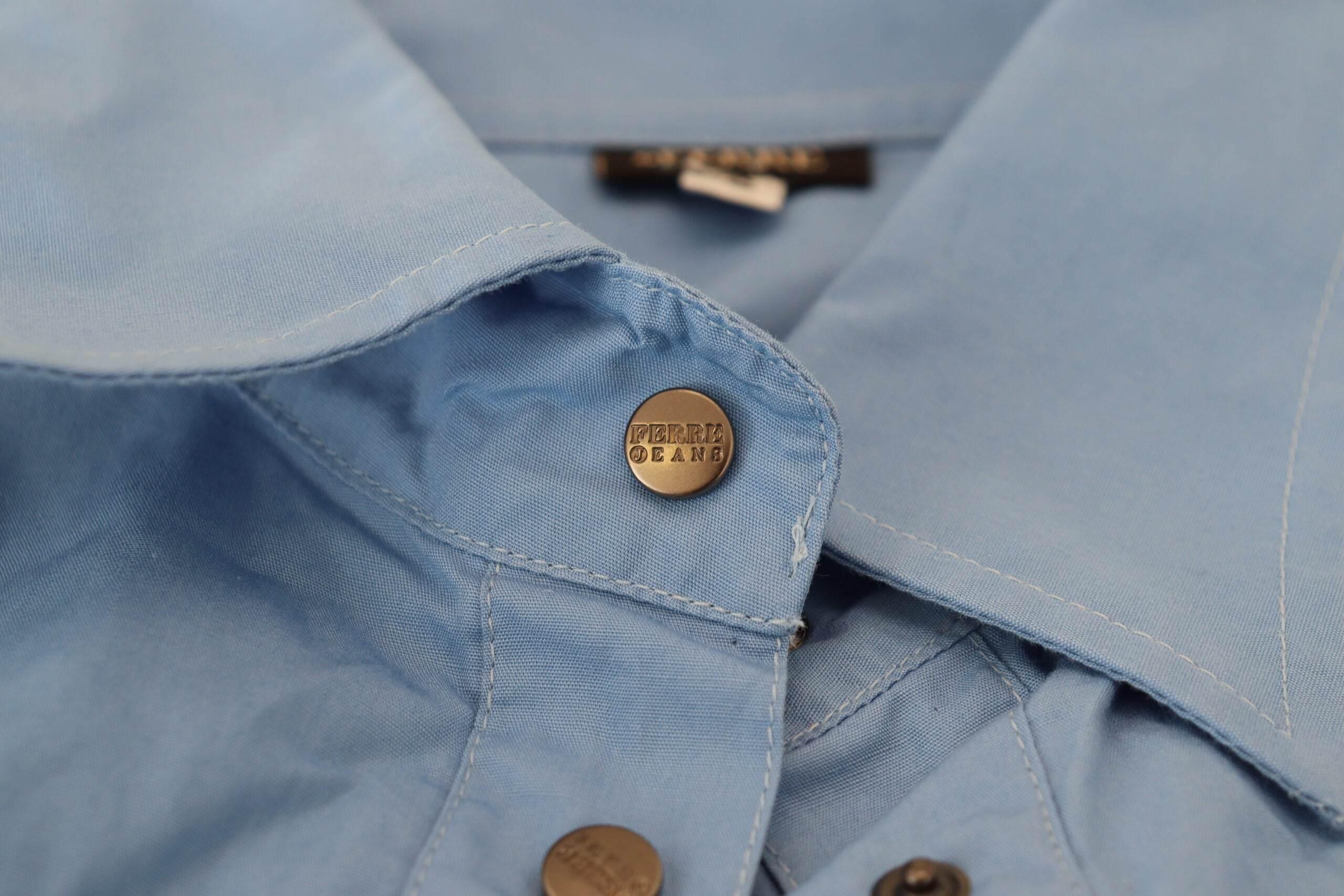 Ferre Blue Cotton Long Sleeves Collared Button Down Top - Hilstor