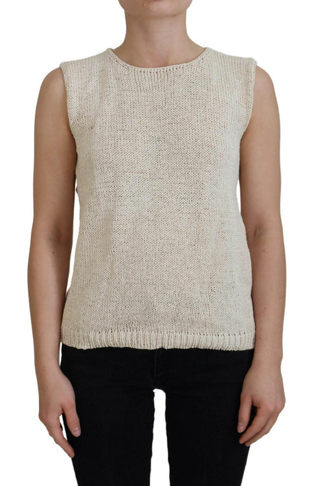 PINK MEMORIES Beige Cotton Blend Sleeveless Round Neck Tank Top - Hilstor