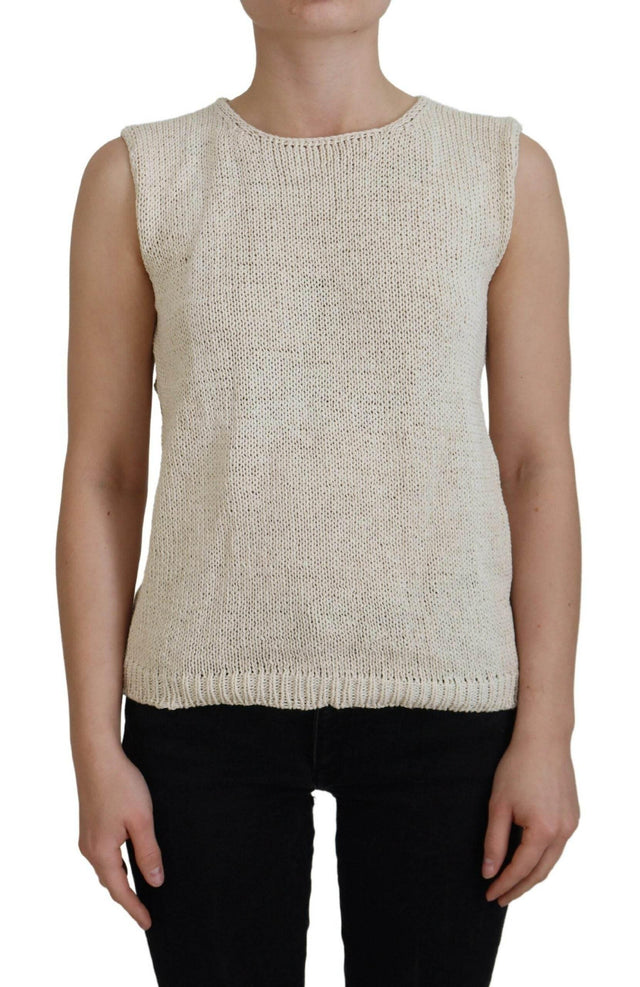 PINK MEMORIES Beige Cotton Blend Sleeveless Round Neck Tank Top - Hilstor
