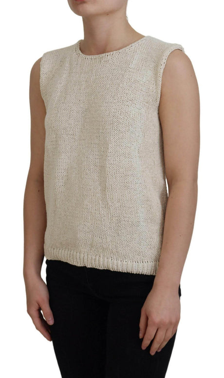 PINK MEMORIES Beige Cotton Blend Sleeveless Round Neck Tank Top - Hilstor