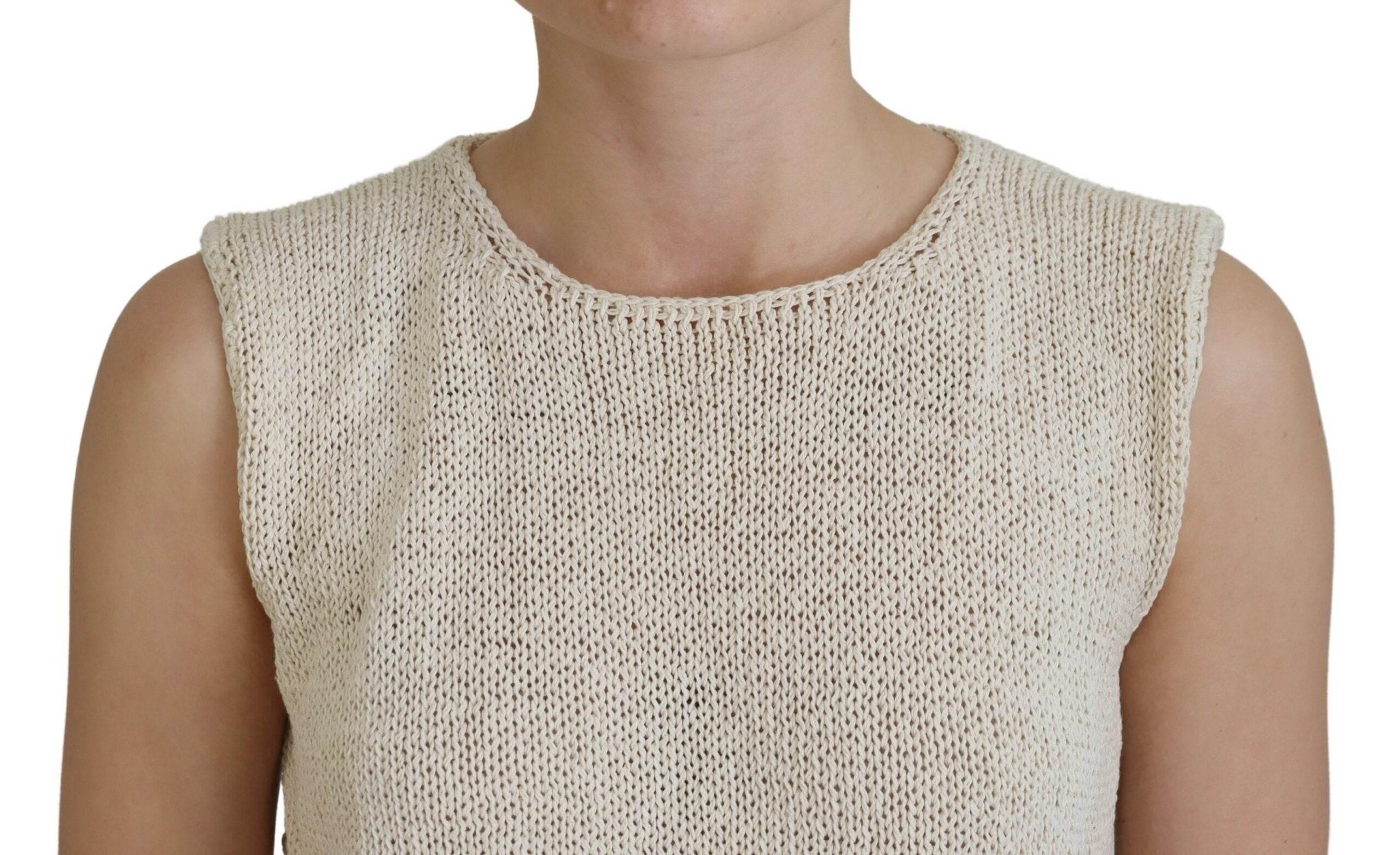 PINK MEMORIES Beige Cotton Blend Sleeveless Round Neck Tank Top - Hilstor