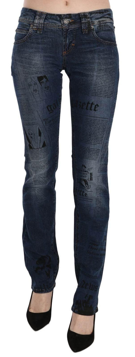 John Galliano Blue Newspaper Print Low Waist Skinny Denim Pants - Hilstor