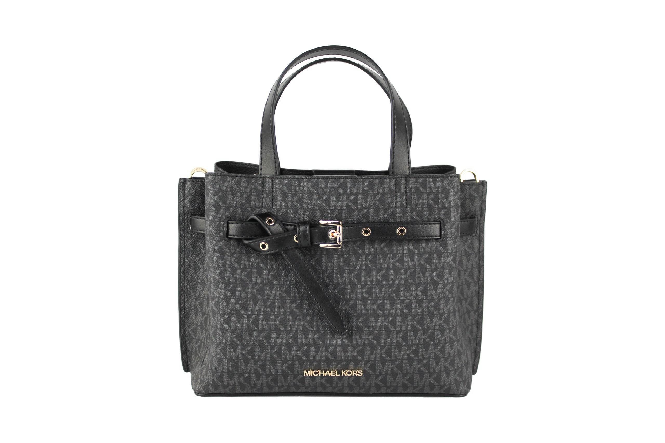 Michael Kors Emilia Small Black Signature PVC Satchel Crossbody Handbag Purse - Hilstor
