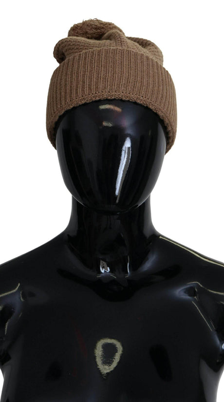 Dolce & Gabbana Brown Solid Knitted Fur Ball Winter Beanie Hat - Hilstor