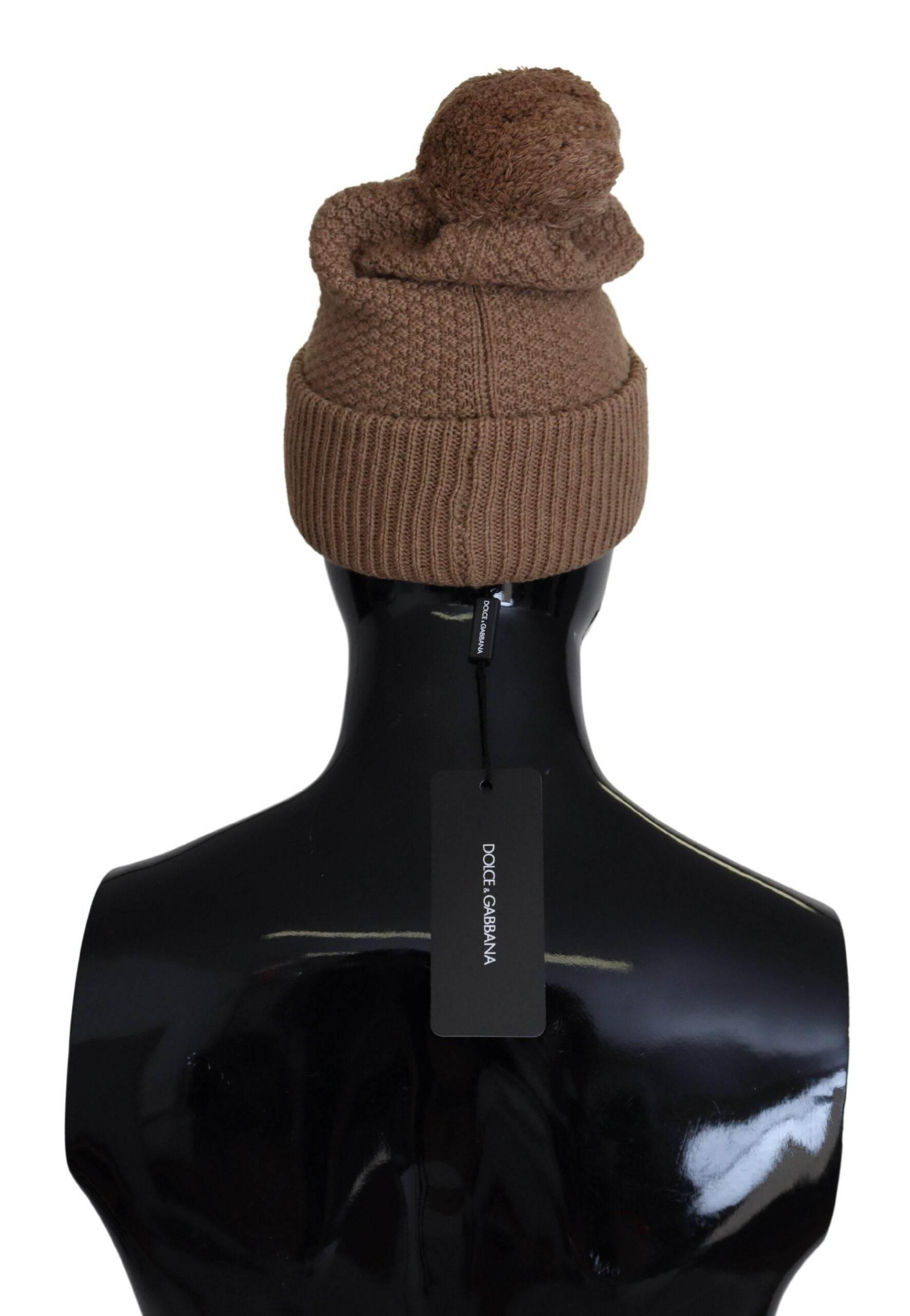 Dolce & Gabbana Brown Solid Knitted Fur Ball Winter Beanie Hat - Hilstor