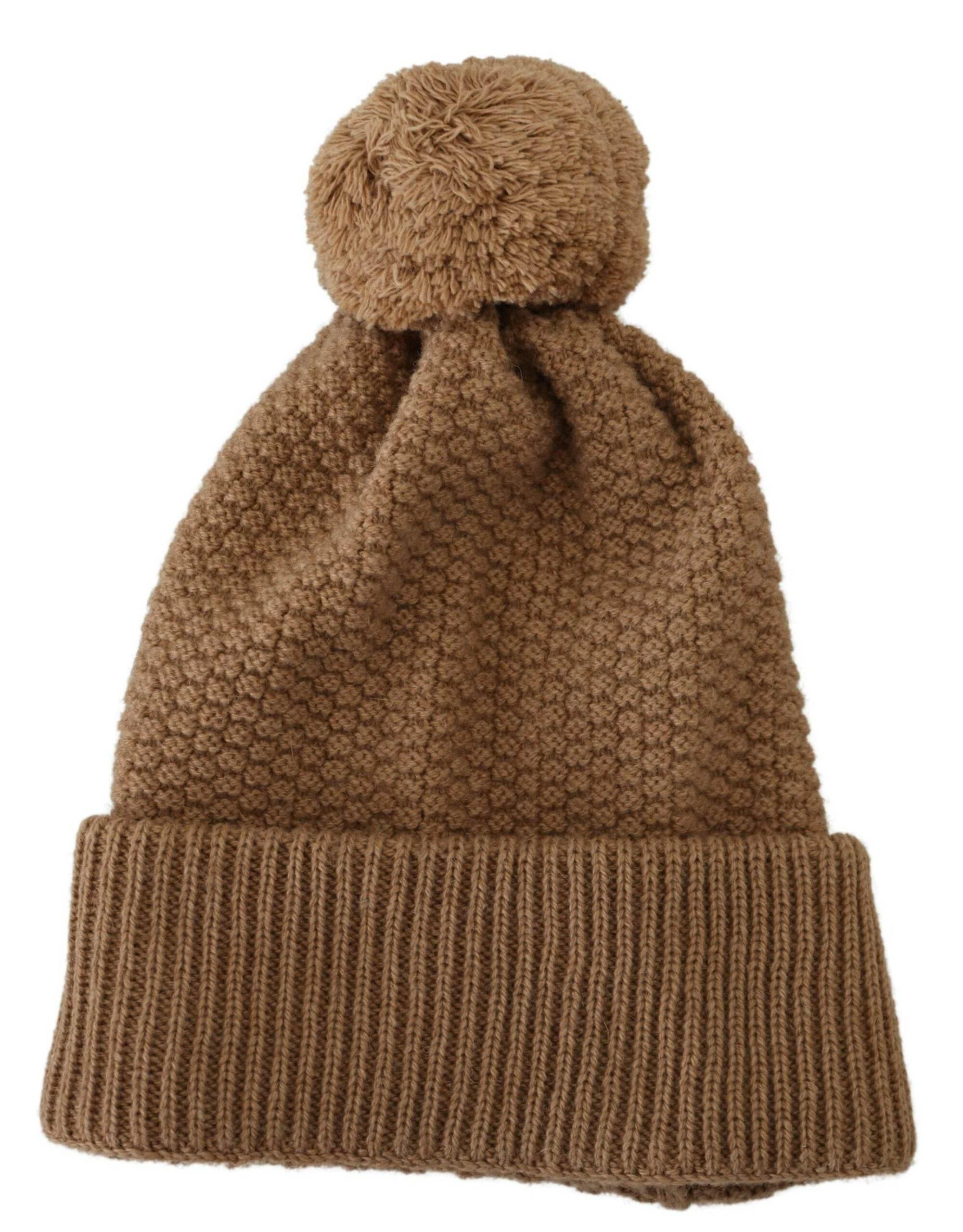 Dolce & Gabbana Brown Solid Knitted Fur Ball Winter Beanie Hat - Hilstor