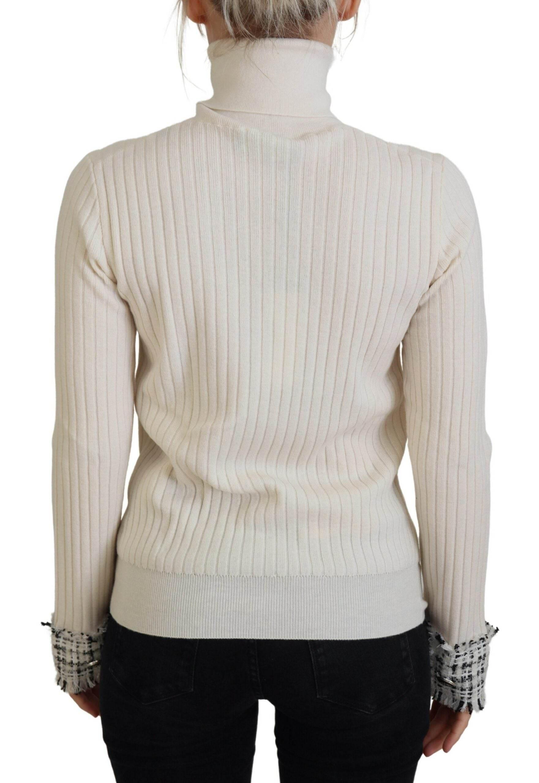 Dolce & Gabbana Ivory Turtleneck Distressed Cuff Pullover Sweater - Hilstor