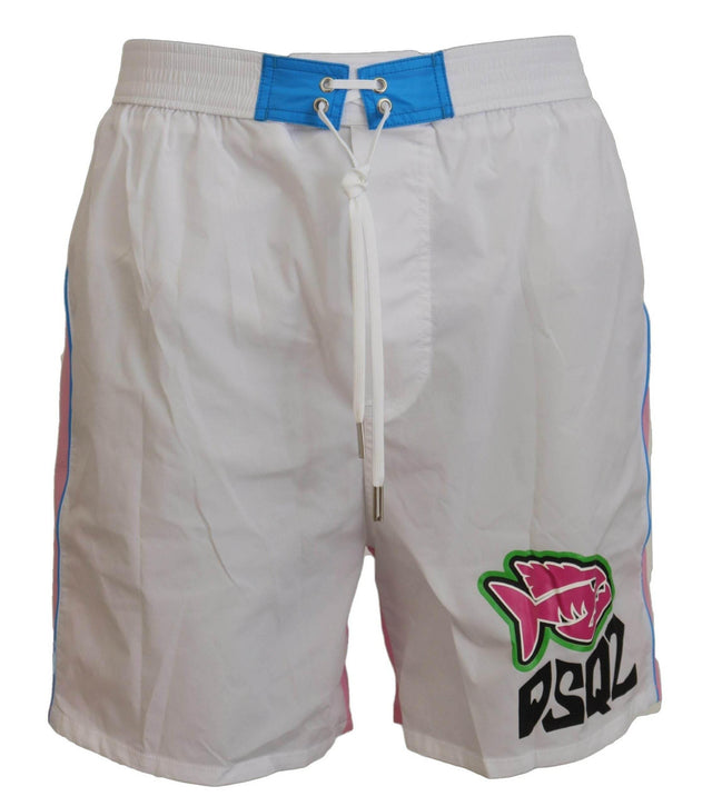 Dsquared² White Pink Logo Print Men Beachwear Shorts Swimwear - Hilstor