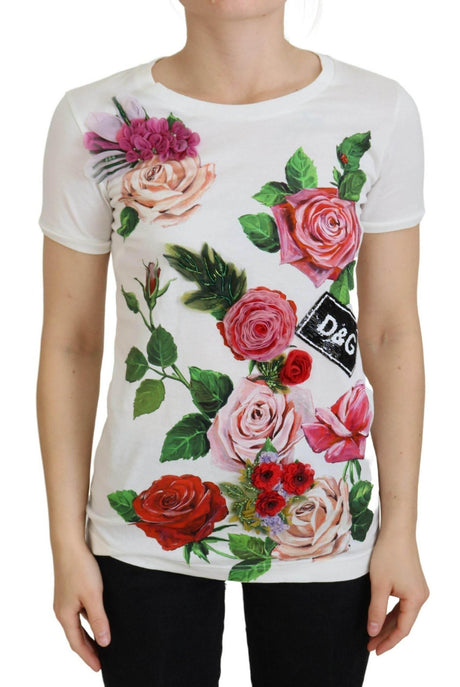 Dolce & Gabbana White Rose DGLogo Printed Short Sleeves Top - Hilstor