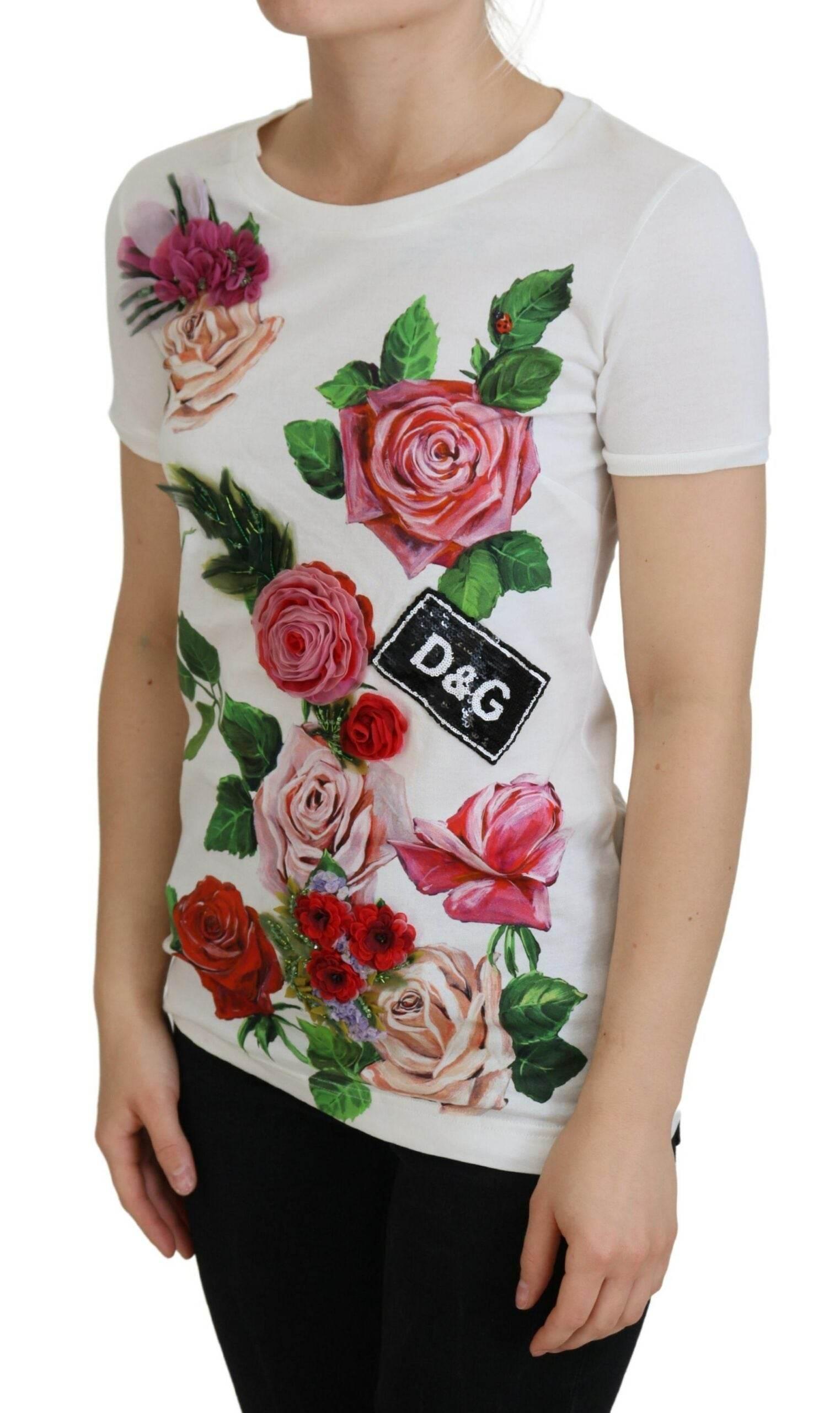 Dolce & Gabbana White Rose DGLogo Printed Short Sleeves Top - Hilstor