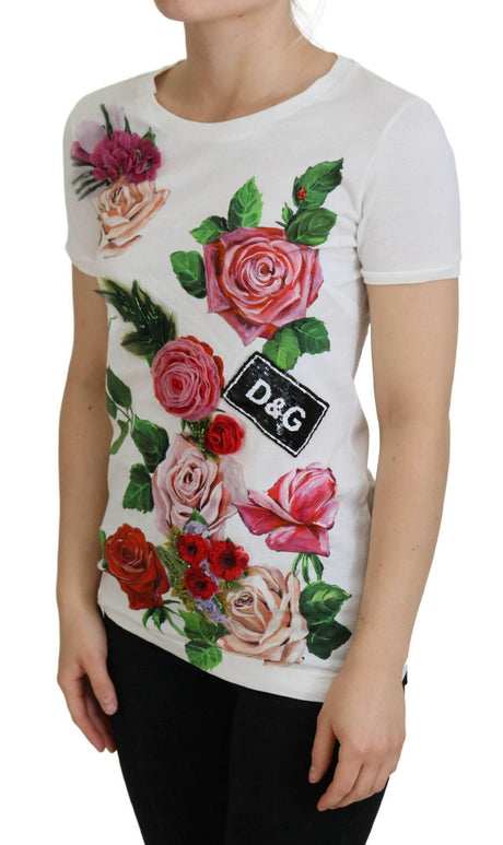 Dolce & Gabbana White Rose DGLogo Printed Short Sleeves Top - Hilstor