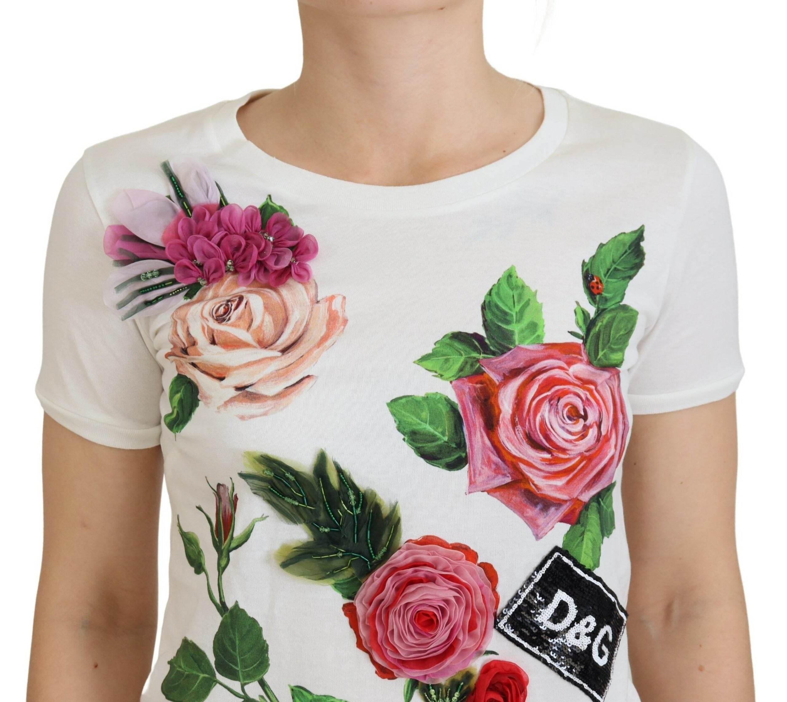 Dolce & Gabbana White Rose DGLogo Printed Short Sleeves Top - Hilstor
