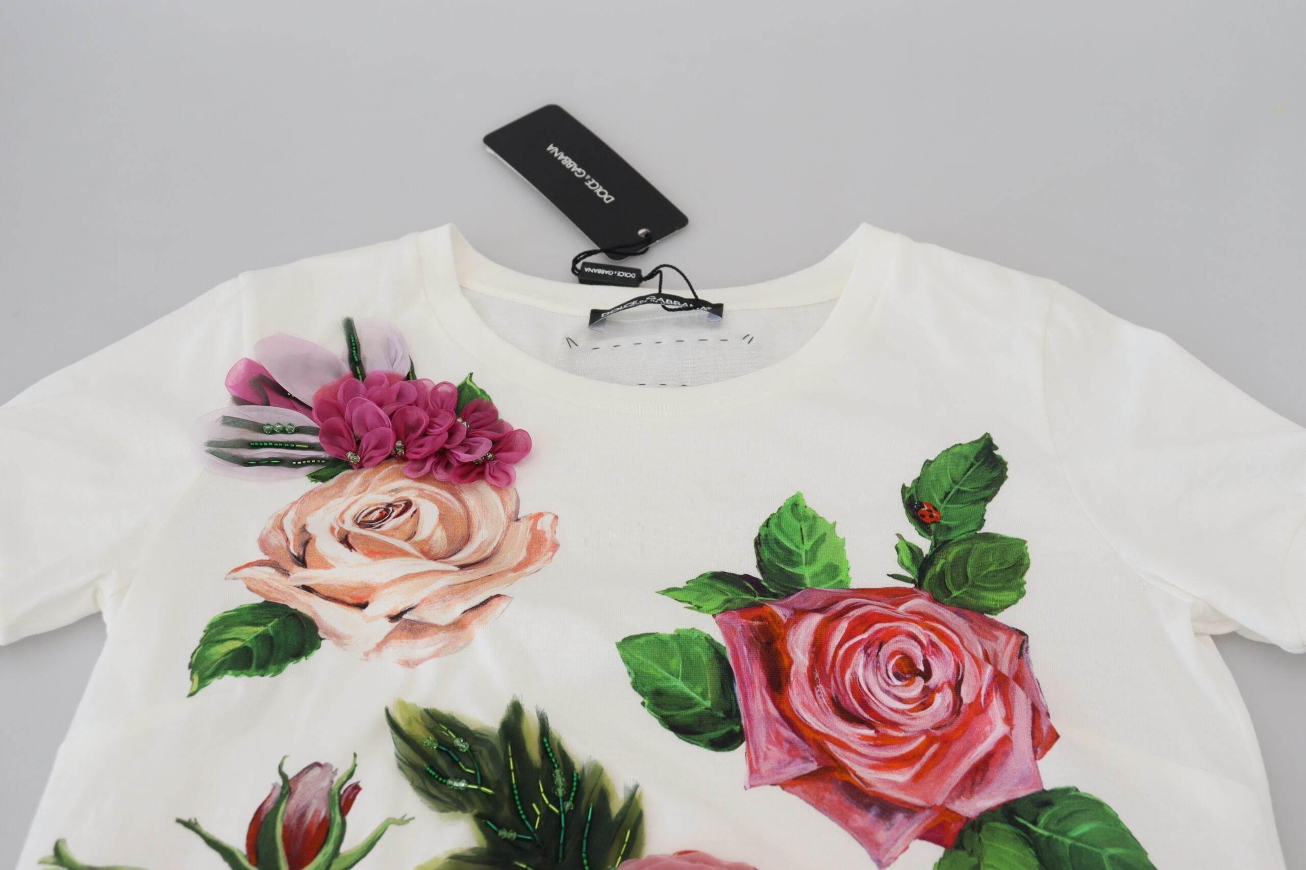Dolce & Gabbana White Rose DGLogo Printed Short Sleeves Top - Hilstor
