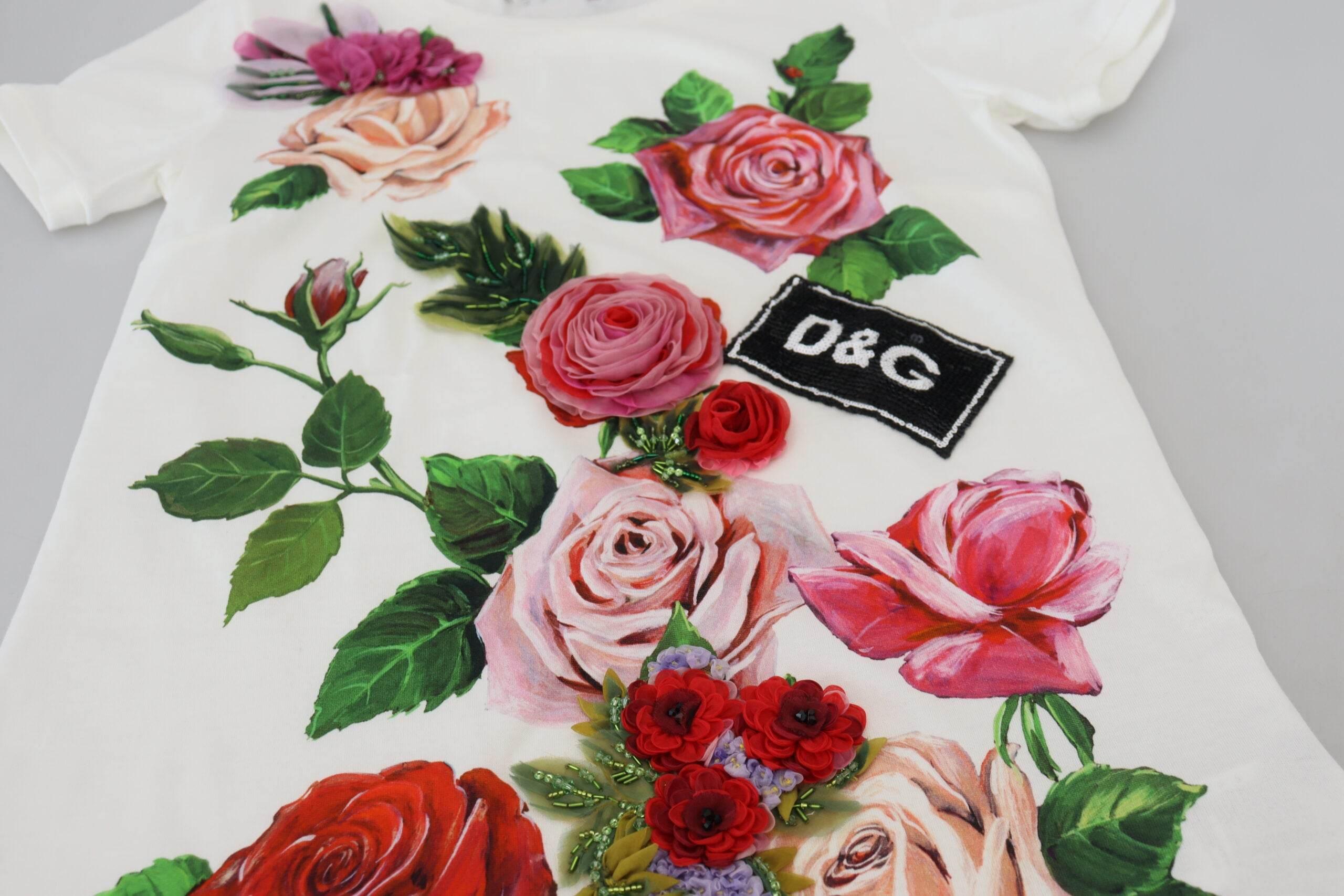 Dolce & Gabbana White Rose DGLogo Printed Short Sleeves Top - Hilstor