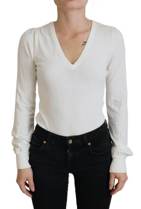 Patrizia Pepe Ivory V-Neck Long Sleeves Women Blouse Top - Hilstor