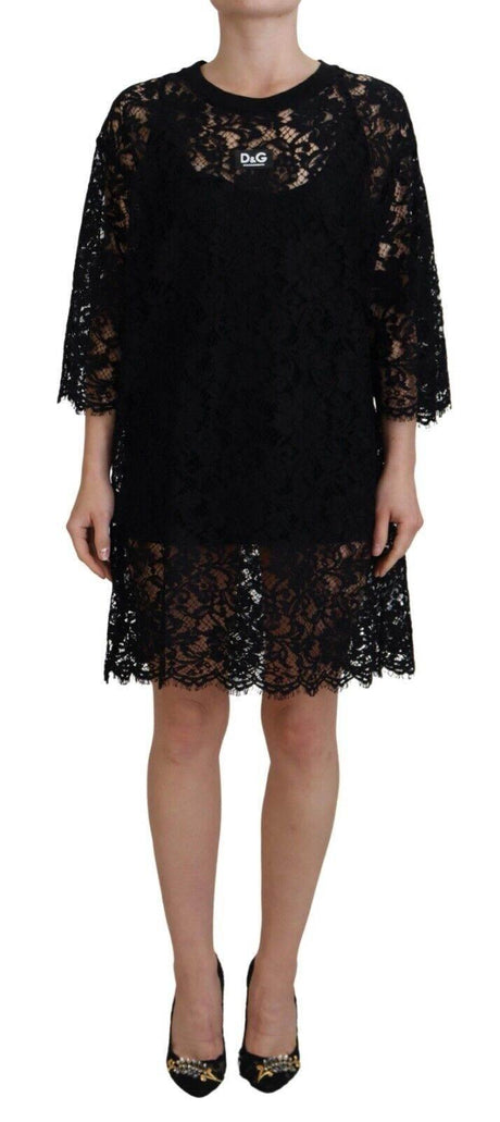 Dolce & Gabbana Black Floral Lace Cotton Shift Mini Dress - Hilstor