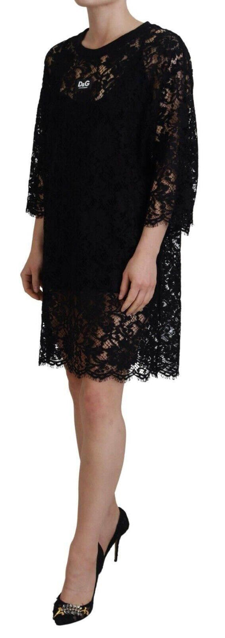 Dolce & Gabbana Black Floral Lace Cotton Shift Mini Dress - Hilstor