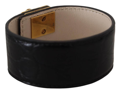 Dolce & Gabbana Elegant Black Leather Gold Detail Bracelet - Hilstor