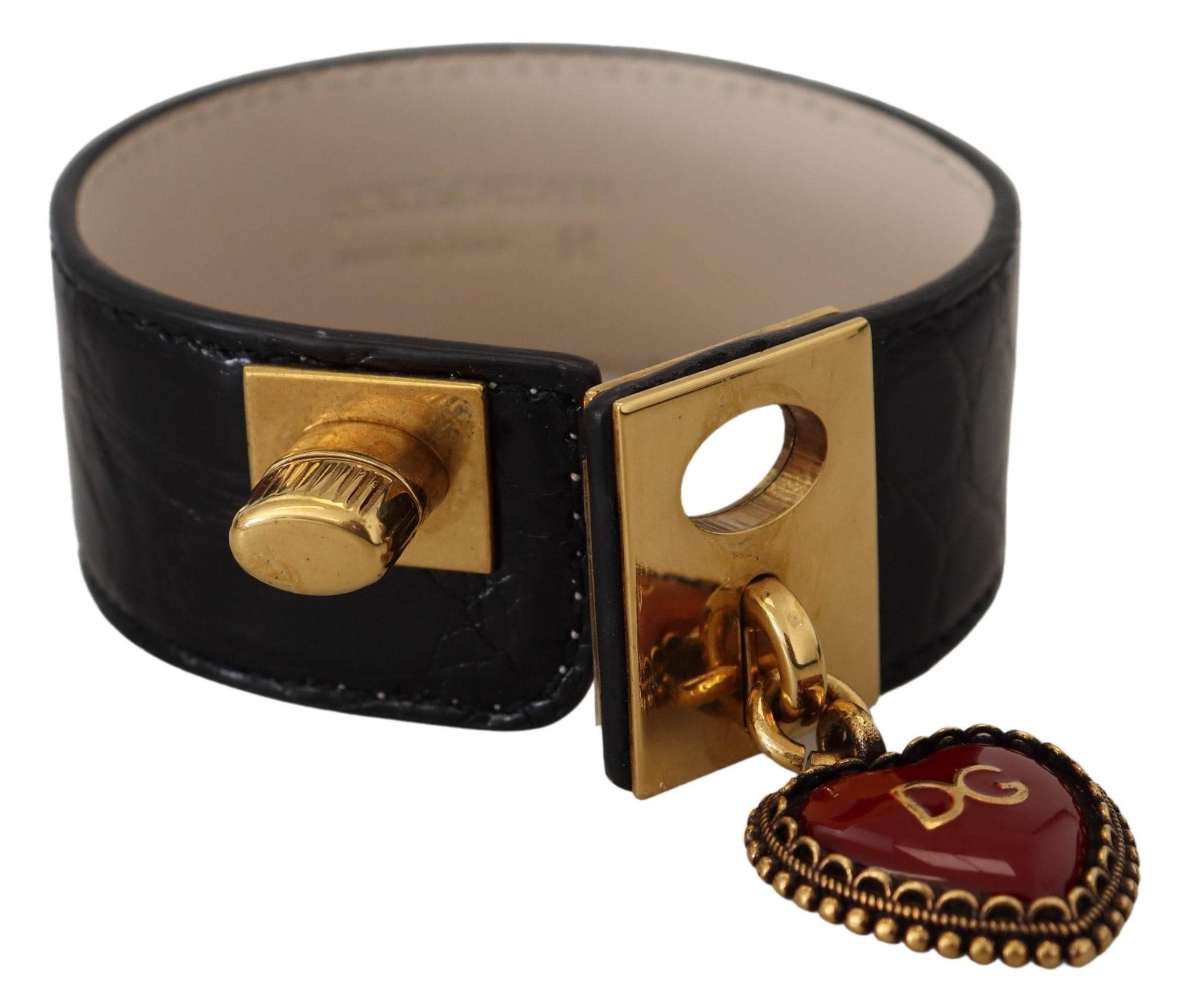 Dolce & Gabbana Elegant Black Leather Gold Detail Bracelet - Hilstor