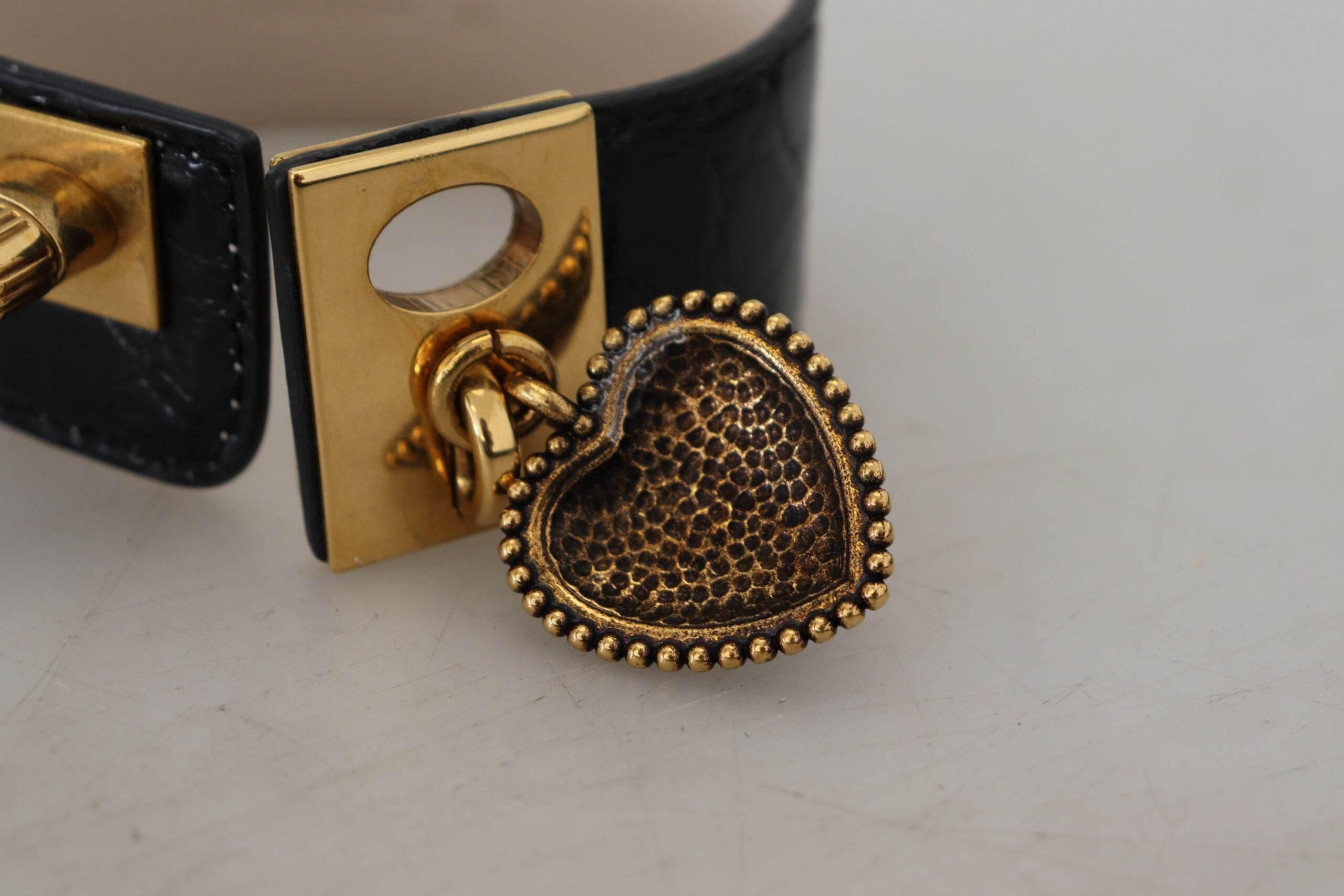 Dolce & Gabbana Elegant Black Leather Gold Detail Bracelet - Hilstor