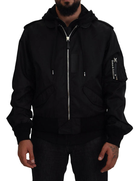 Dolce & Gabbana Sleek Black Hooded Bomber Jacket - Hilstor