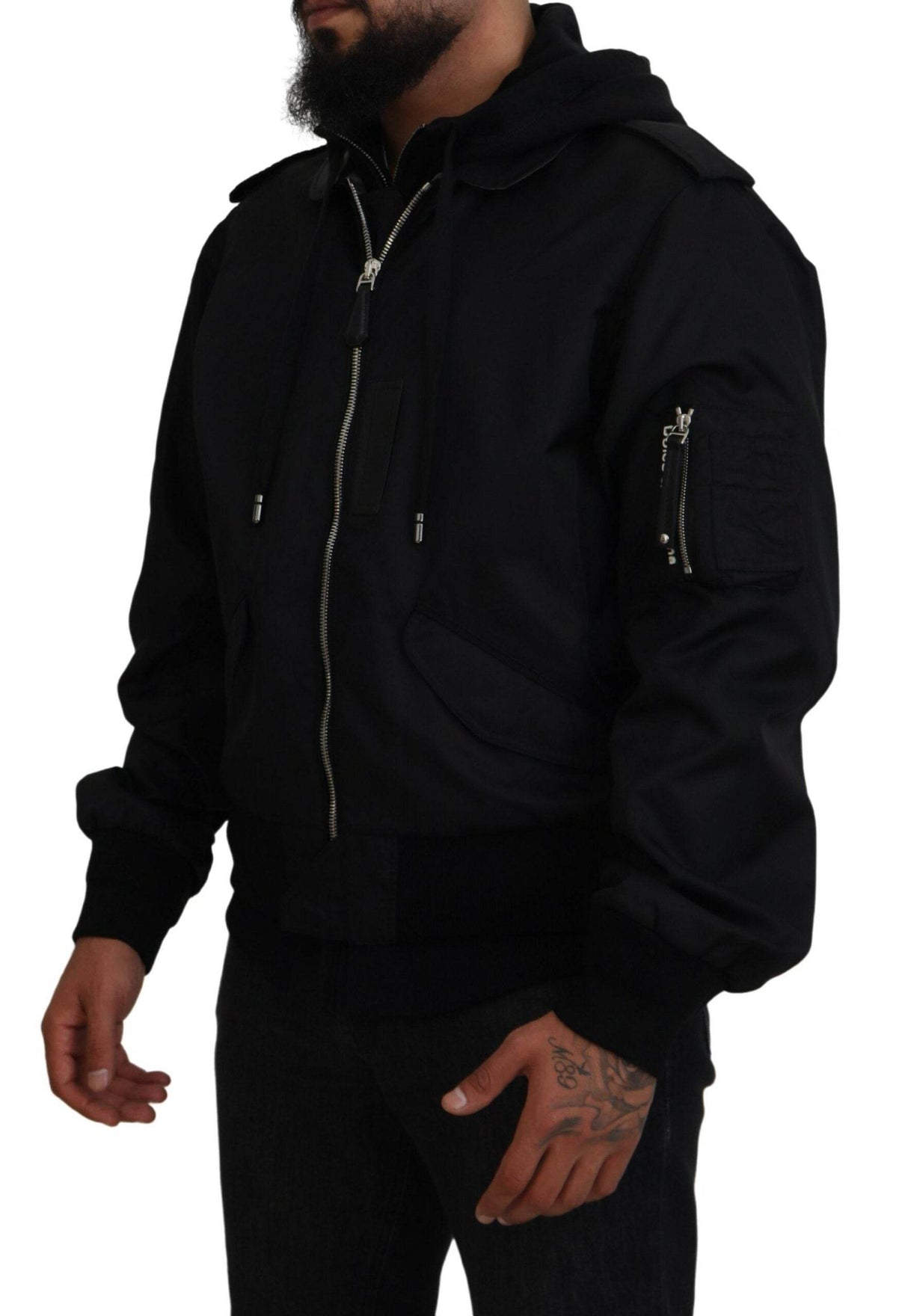 Dolce & Gabbana Sleek Black Hooded Bomber Jacket - Hilstor