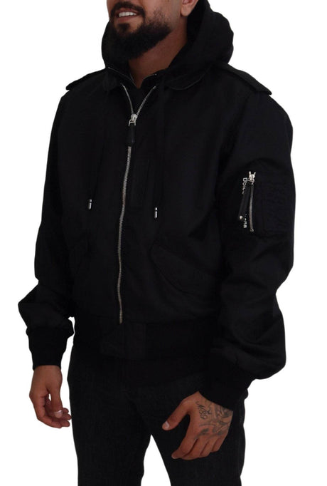 Dolce & Gabbana Sleek Black Hooded Bomber Jacket - Hilstor