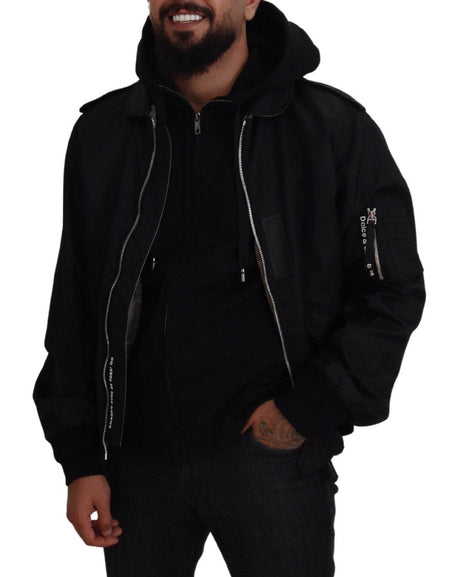 Dolce & Gabbana Sleek Black Hooded Bomber Jacket - Hilstor