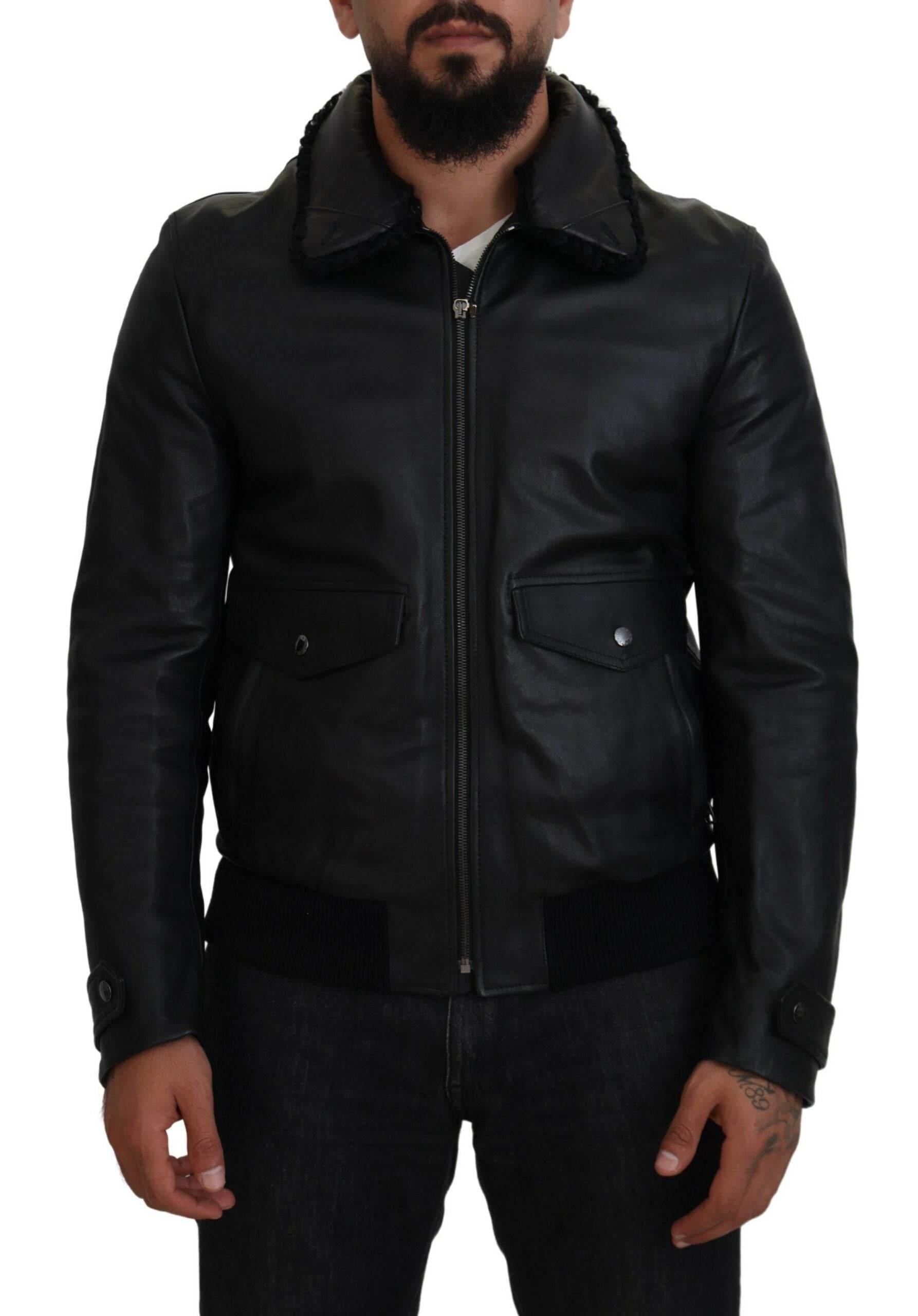 Dolce & Gabbana Black Lamb Leather Collared Men Coat Jacket - Hilstor