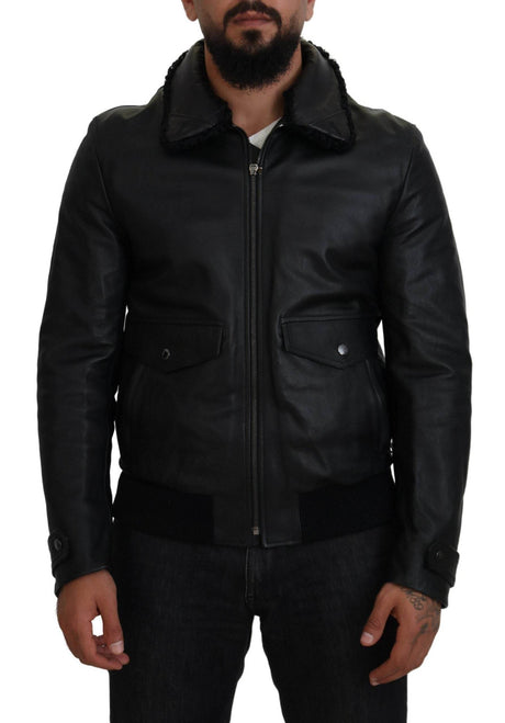 Dolce & Gabbana Black Lamb Leather Collared Men Coat Jacket - Hilstor
