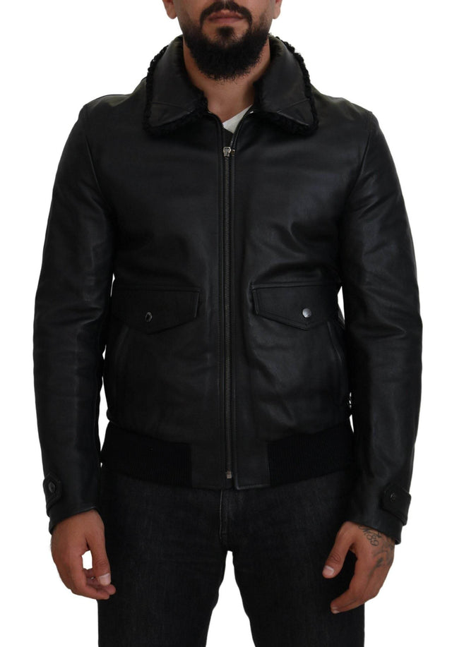 Dolce & Gabbana Black Lamb Leather Collared Men Coat Jacket - Hilstor
