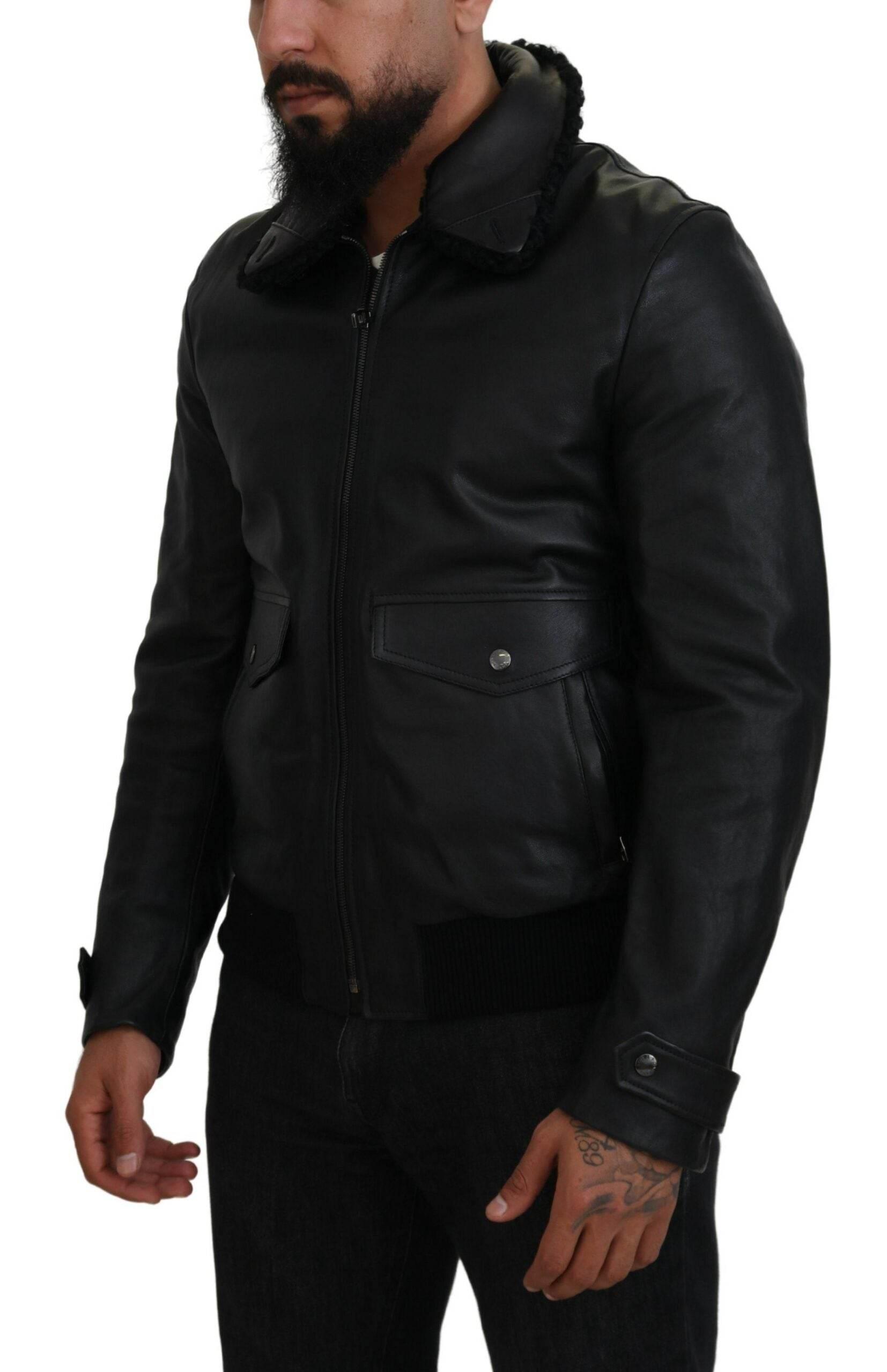 Dolce & Gabbana Black Lamb Leather Collared Men Coat Jacket - Hilstor