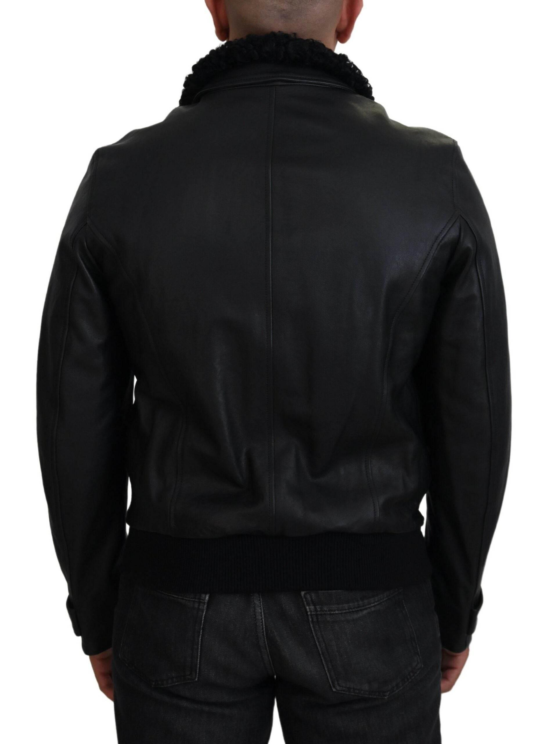 Dolce & Gabbana Black Lamb Leather Collared Men Coat Jacket - Hilstor